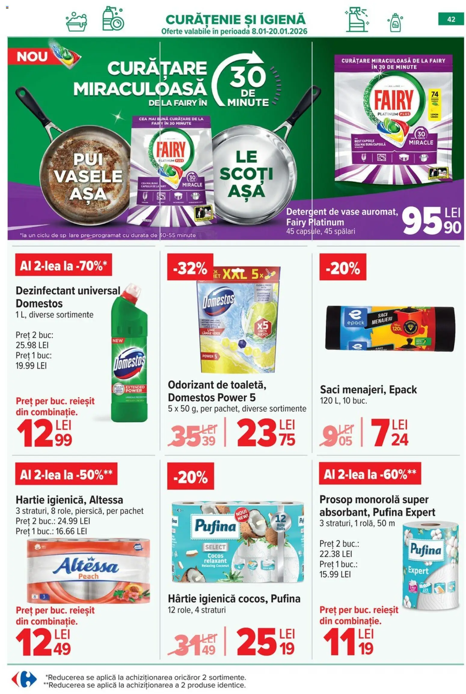 Noul catalog Carrefour – valabil de la 08.01.2026 | Pagină: 42 | Produse: Detergent de vase, Prosop monorolă, Role, Detergent