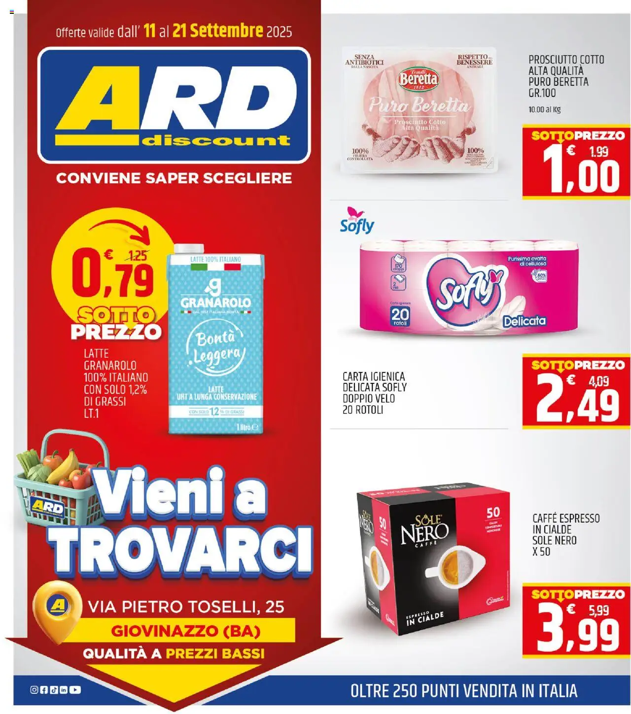 Volantino ARD Discount del 11.09.2025 | Pagina: 1 | Prodotti: Prosciutto Cotto, Carta igienica, Caffè, Latte