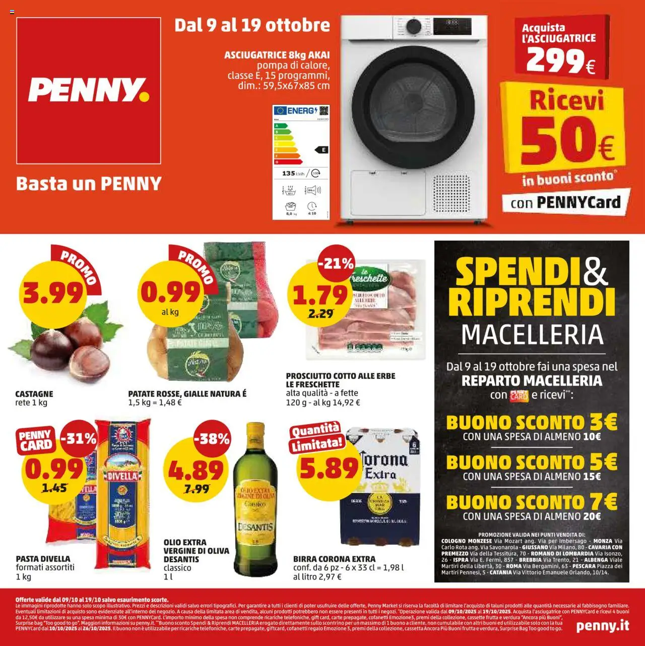 Volantino PENNY del 09.10.2025 | Pagina: 1 | Prodotti: Birra, Prosciutto, Pasta, Asciugatrice