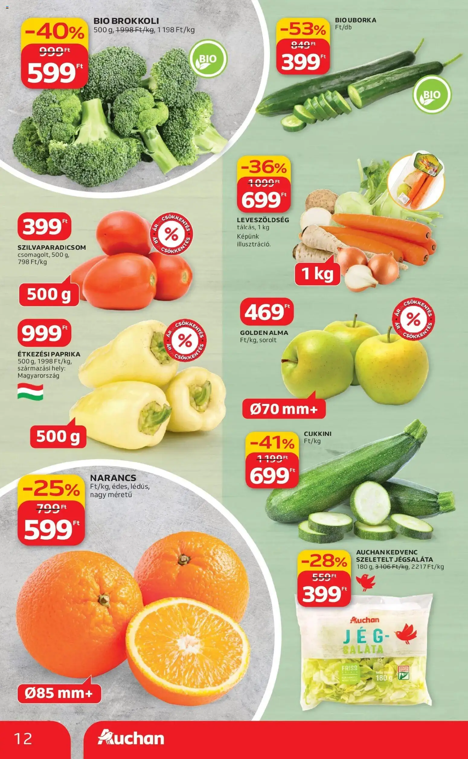 Auchan akciós ujság - amely érvényes a következő dátumtól: 12.03.2026 | Oldal: 12 | Termékek: Jégsaláta, Alma, Narancs, Uborka