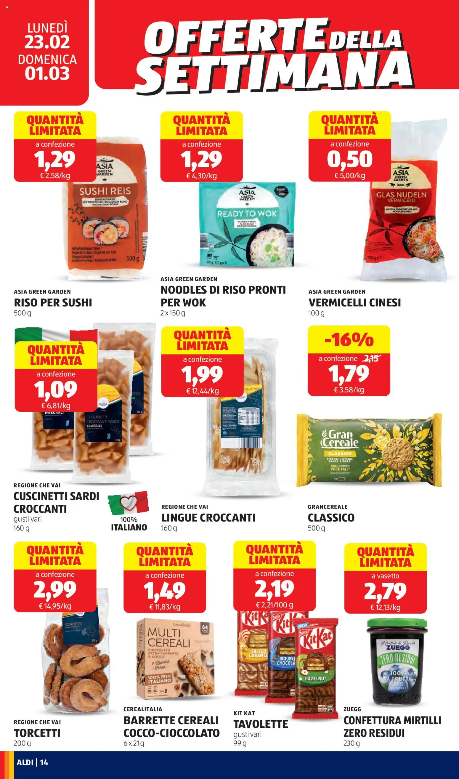 Volantino Aldi del 23.02.2026 | Pagina: 14 | Prodotti: Cioccolato, Cereali, Fiocchi, Cocco