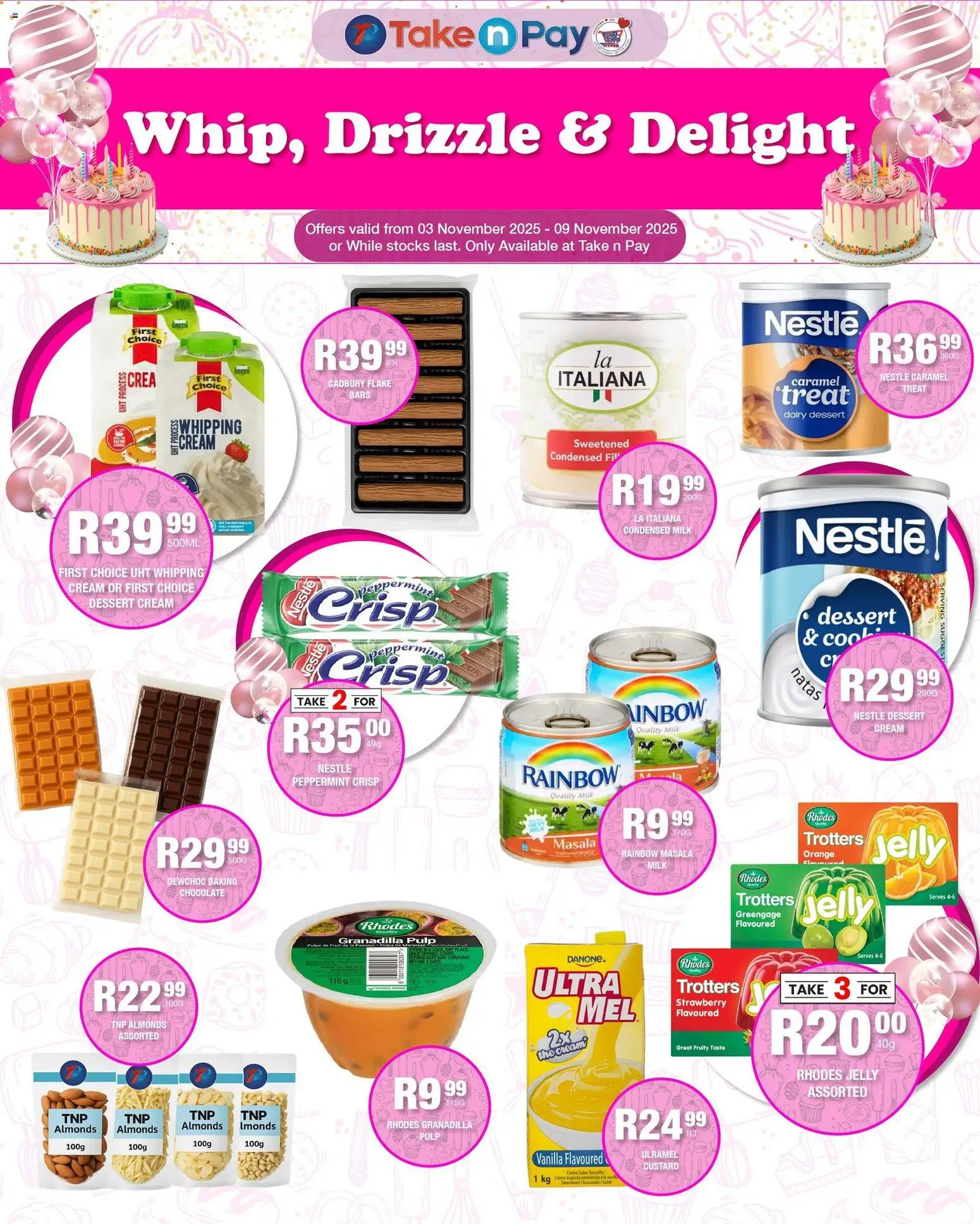 New Take n Pay catalogue – valid from 03.11.2025 | Page: 4 | Products: Milk, Condensed milk, Chocolate, Cream