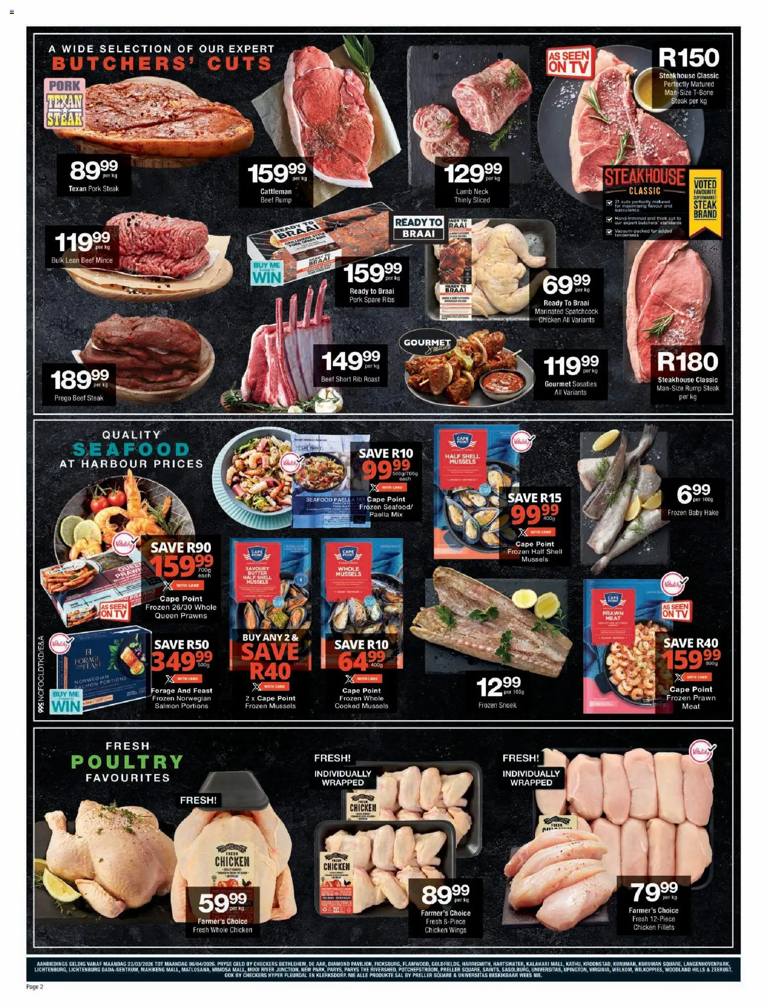 New Checkers catalogue – valid from 23.03.2026 | Page: 2 | Products: Ribs, Butter, Limpiador íntimo, Pork