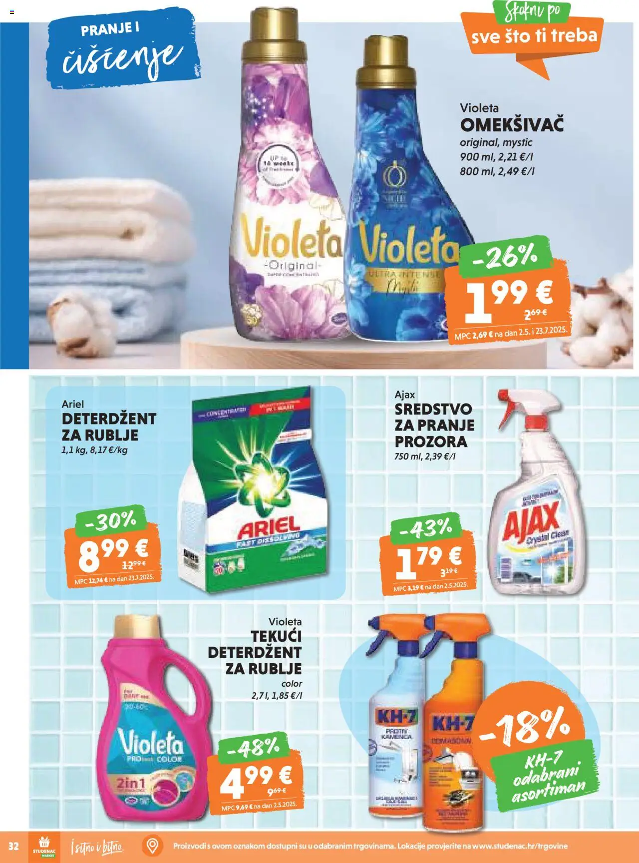 Studenac katalog | vrijedi od 08.10.2025 | Stranica: 32 | Proizvodi: Omekšivač, Tekući deterdžent, Violeta, Ajax