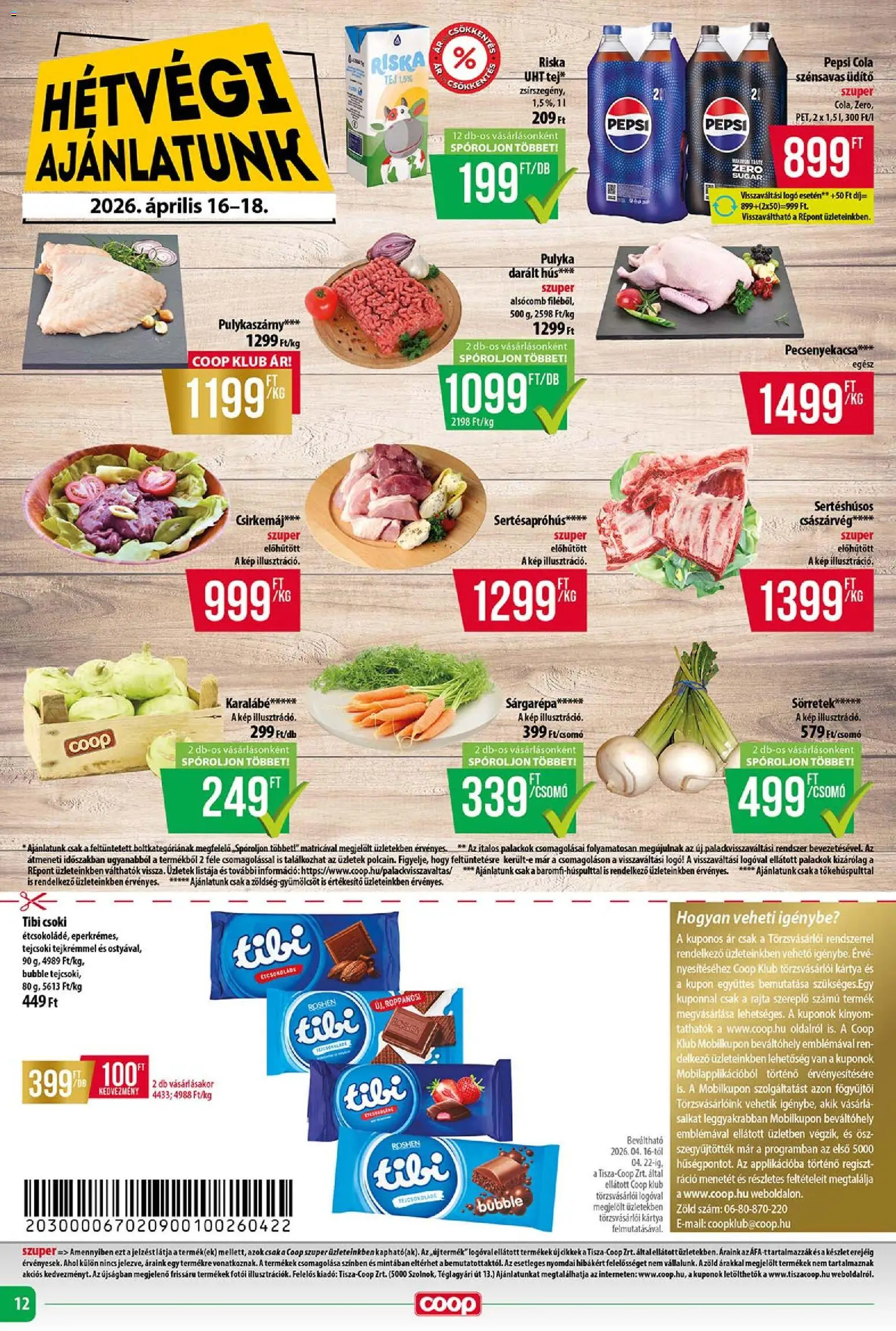 COOP Szolnok akciós ujság - amely érvényes a következő dátumtól: 16.04.2026 | Oldal: 12 | Termékek: Pulykaszárny, Darált hús, Pecsenyekacsa, Csirkemáj