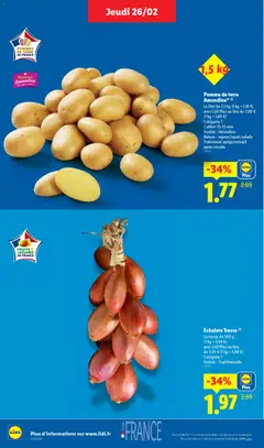 LIDL - Prévisualisation de Pomme de terre Amandine® (1), Le filet de 1,5 kg (1 kg = 1,18 €) avec Lidl Plus au lieu de 2,69 € (1 kg = 1,80 €) Catégorie 1 Calibre 35-55 mm Variété: Amandine Nature: vapeur/sauté/salade Traitement antigerminatif après récolte valide à partir de 26.02.2026 | Page: 4