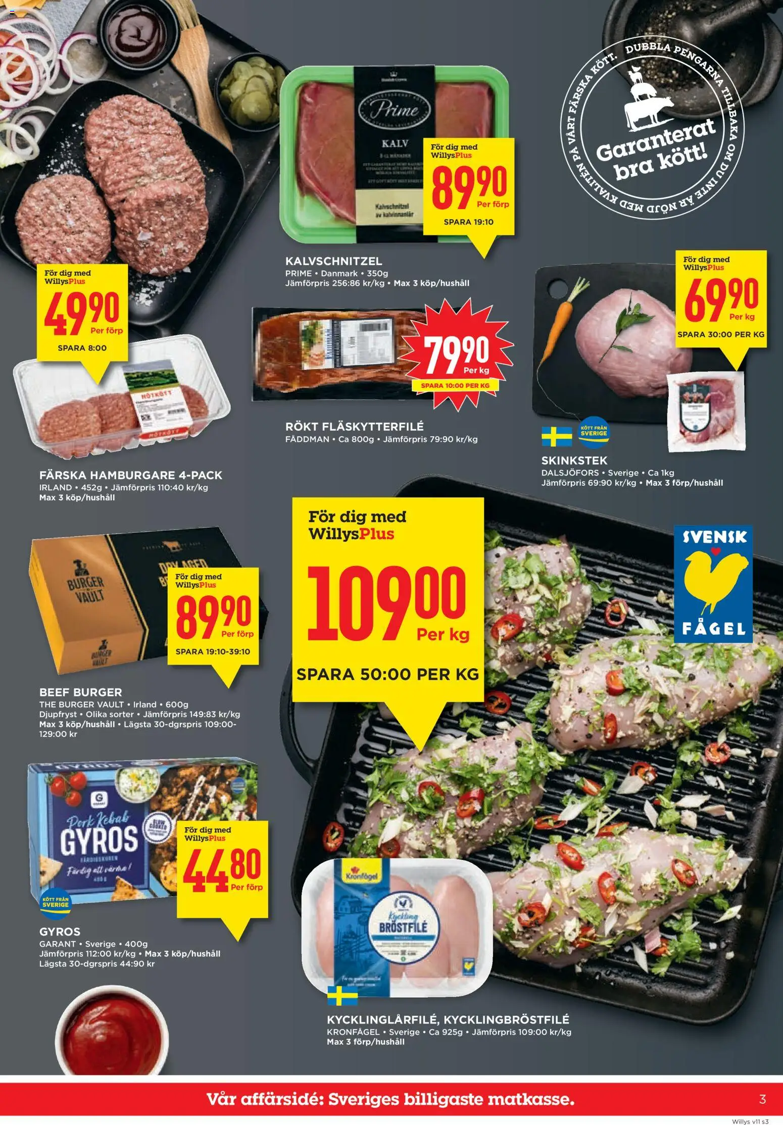 Willys reklamblad aktuell från 09.03.2026 | Sida: 3 | Produkter: Hamburgare, Fläskytterfilé
