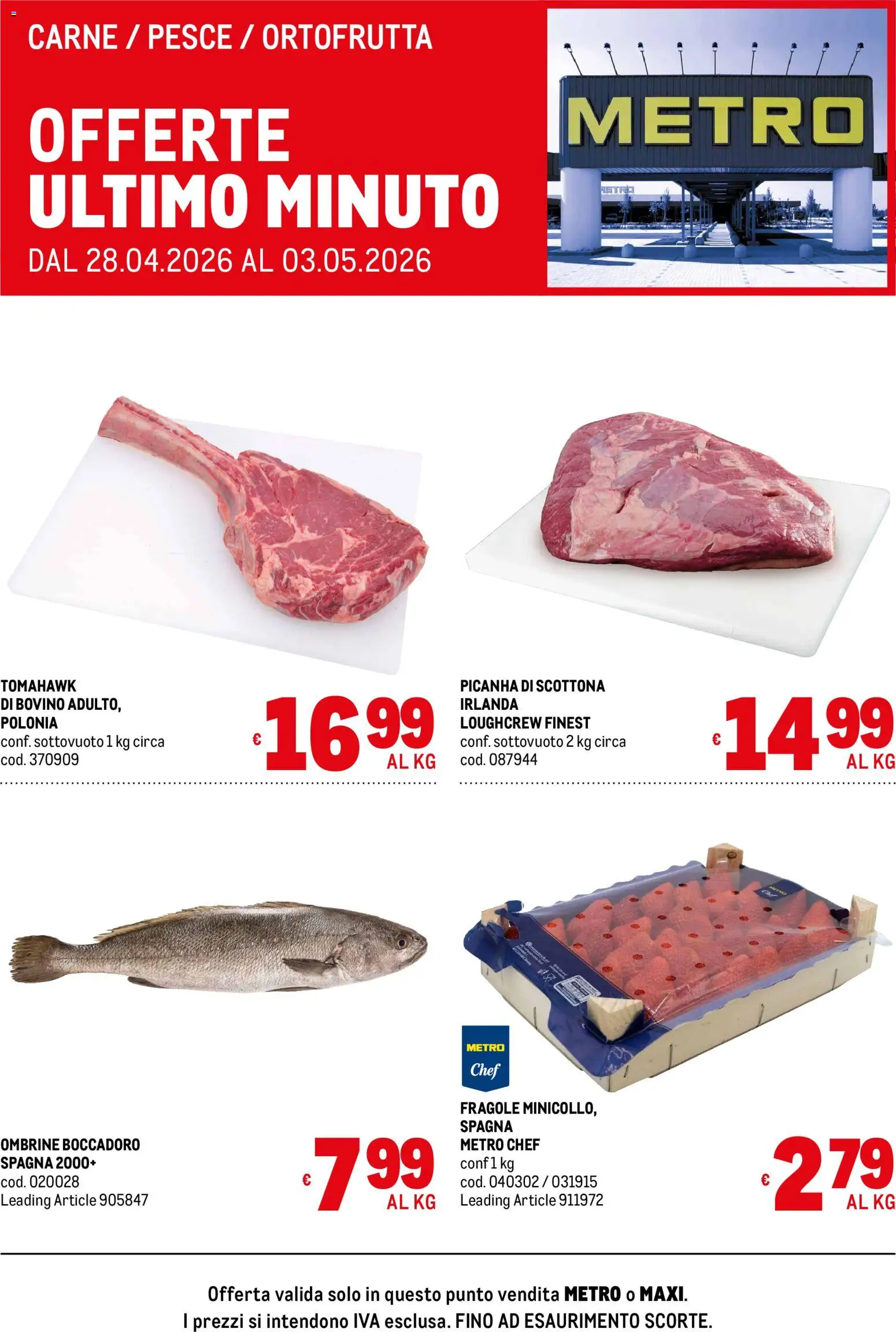 Volantino Metro del 28.04.2026 | Pagina: 1 | Prodotti: Bovino, Pesce, Fragole
