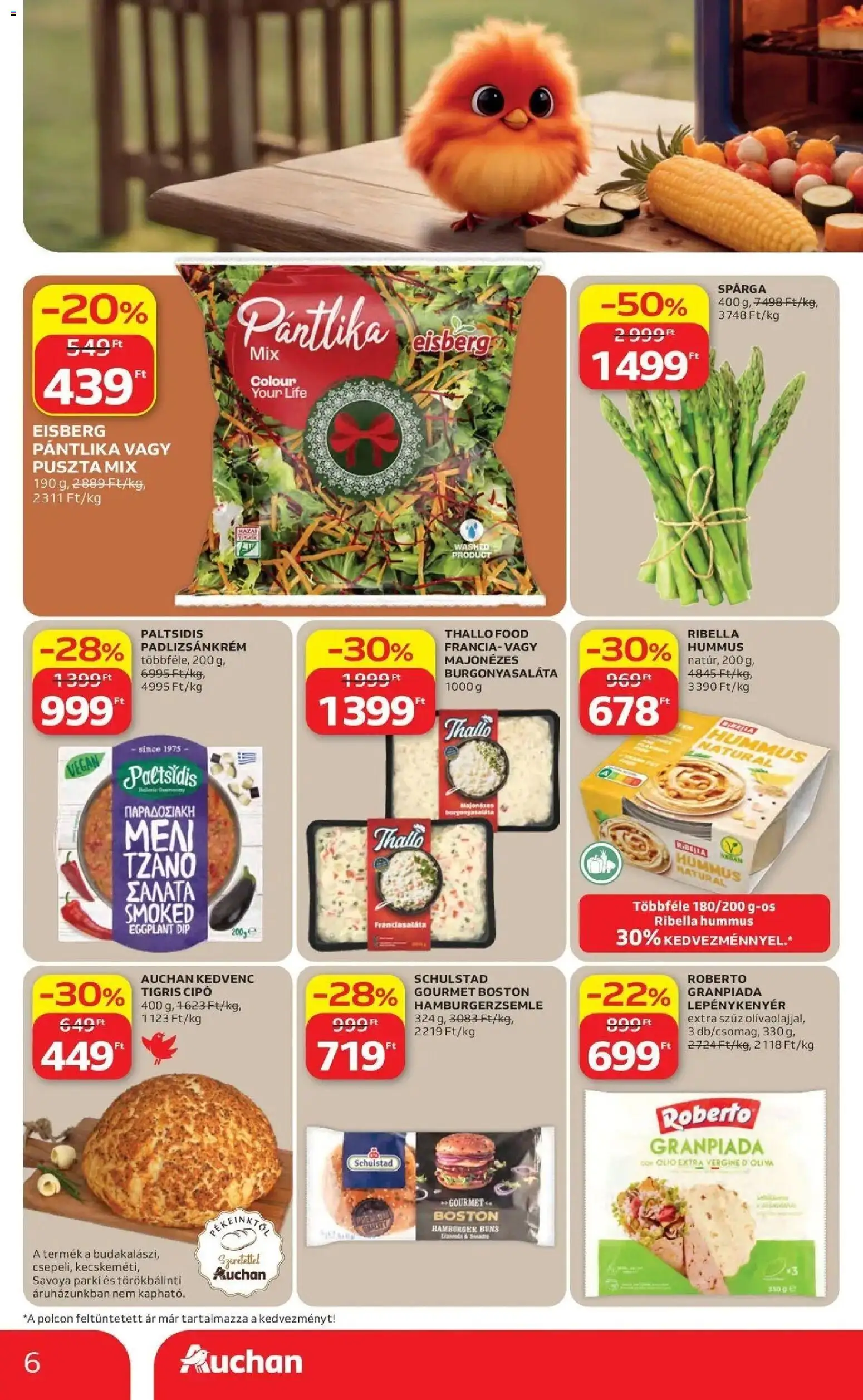 Auchan akciós ujság - amely érvényes a következő dátumtól: 16.04.2026 | Oldal: 6 | Termékek: Hamburger, Hamburgerzsemle, Padlizsánkrém, Vegán