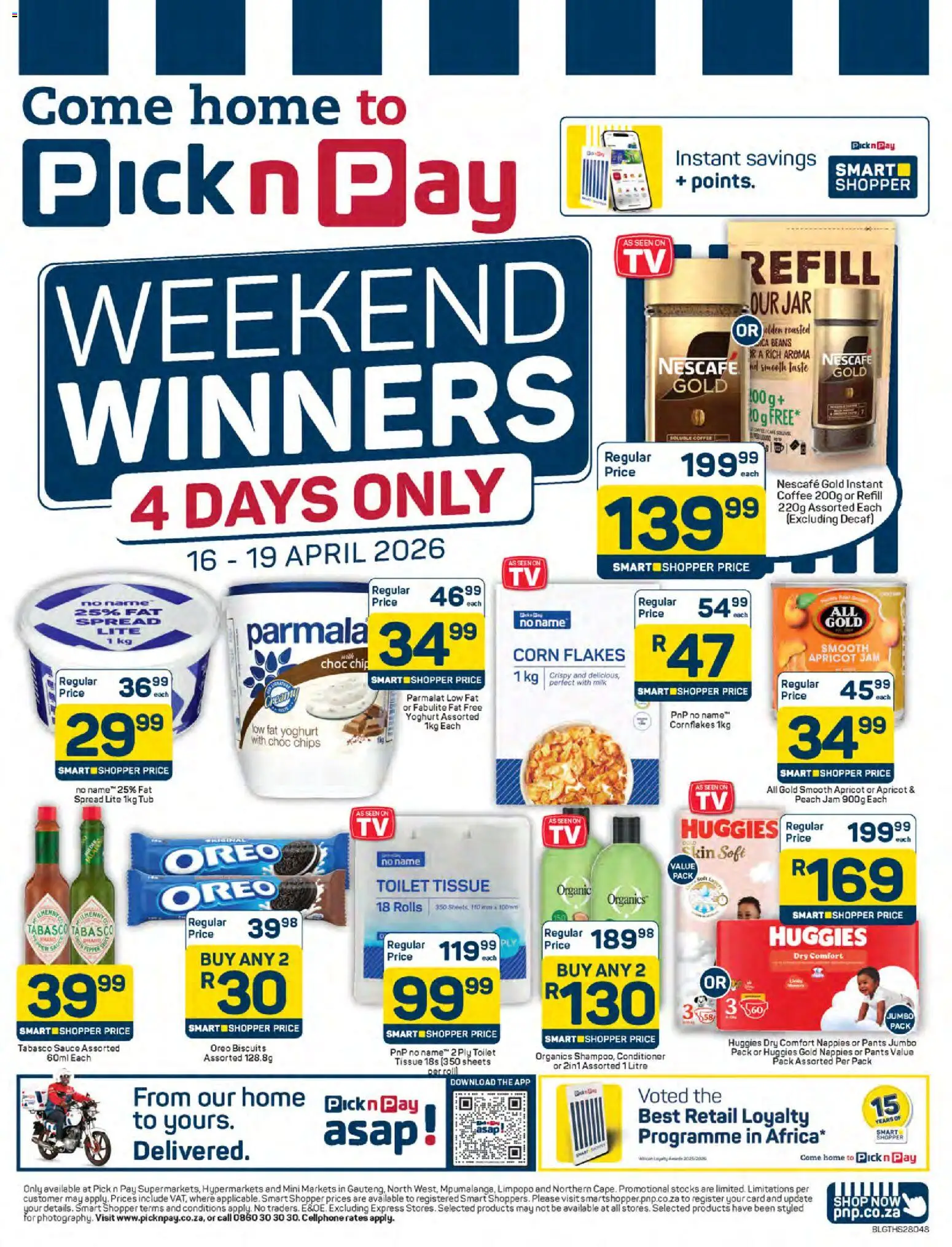 New Pick n Pay catalogue – valid from 16.04.2026 | Page: 1 | Products: Pants, Toilet, Conditioner, Estuche organizador de viaje