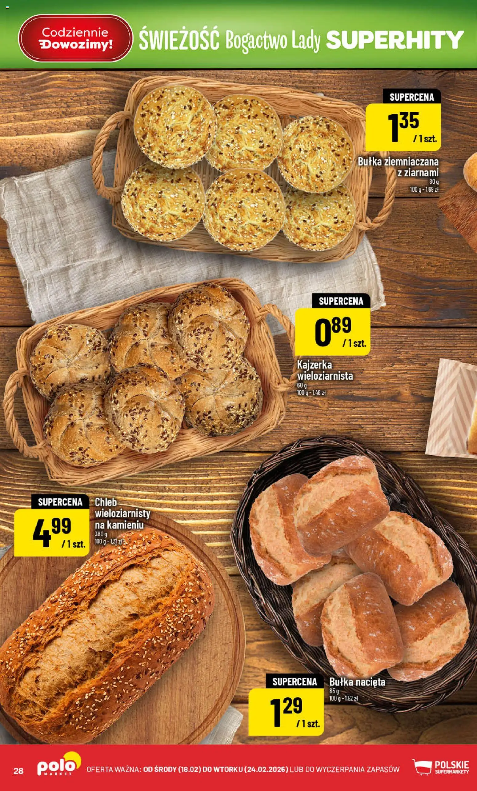 POLOmarket Gazetka od 18.02.2026 | Strona: 28 | Produkty: Bułka, Chleb, Chleb wieloziarnisty