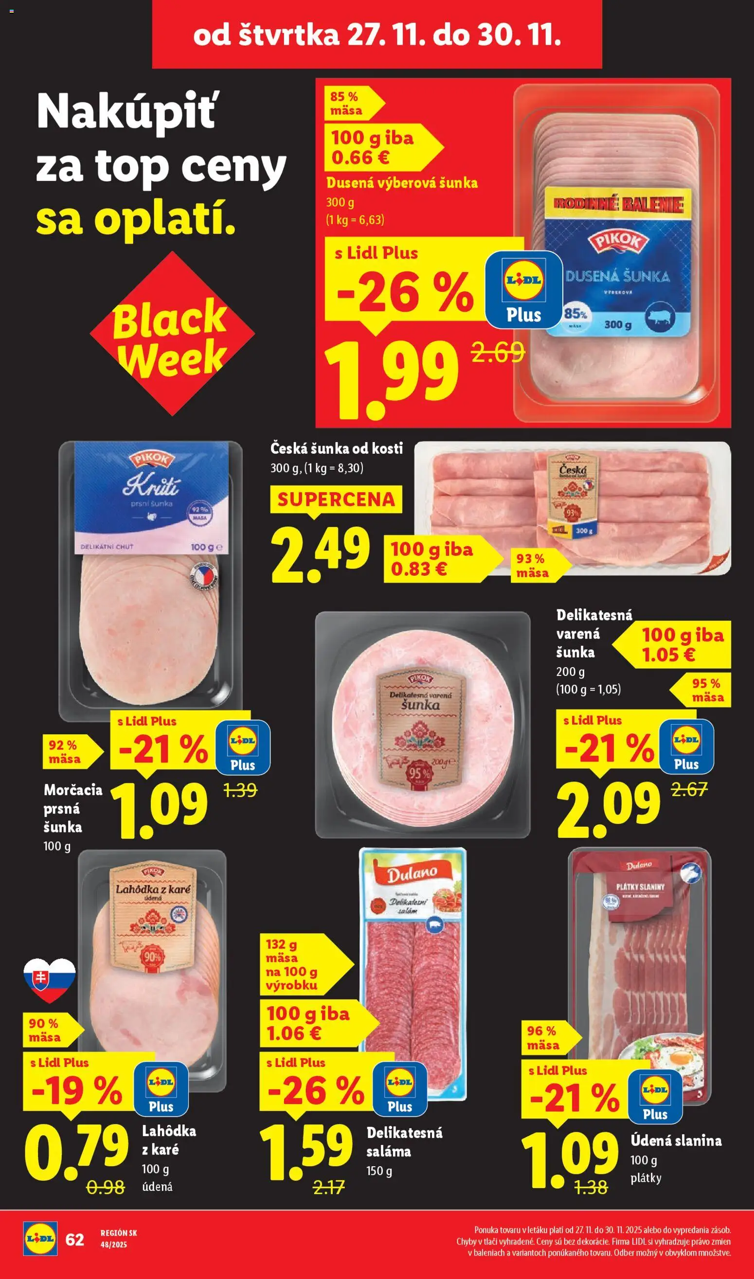 Nové Lidl akcie – leták je platný od 27.11.2025 | Strana: 16 | Produkty: Saláma, Šunka, Slanina