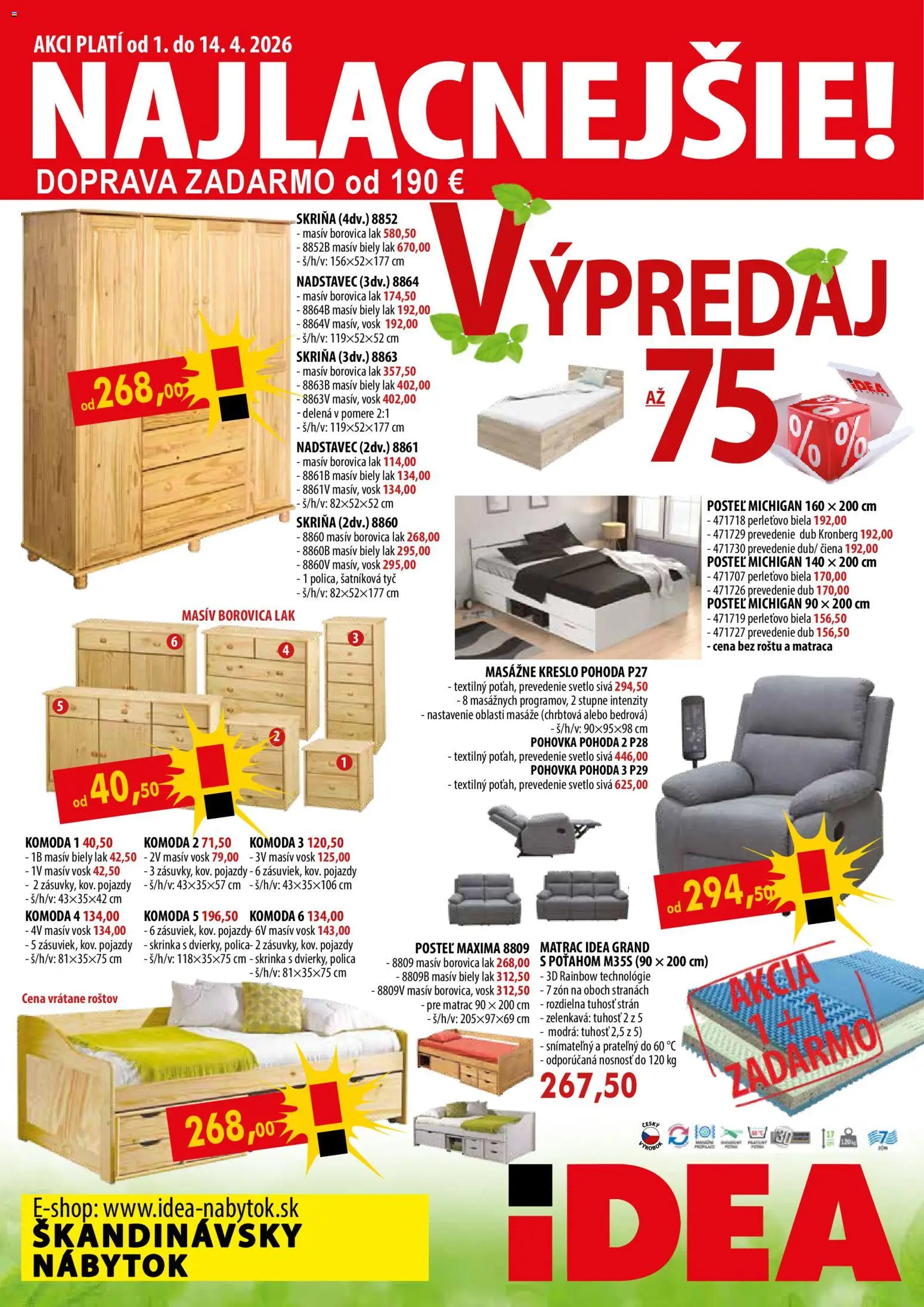 Nové IDEA nábytok akcie – leták je platný od 01.04.2026 | Strana: 1 | Produkty: Nábytok, Matrac, Posteľ, Pohovka