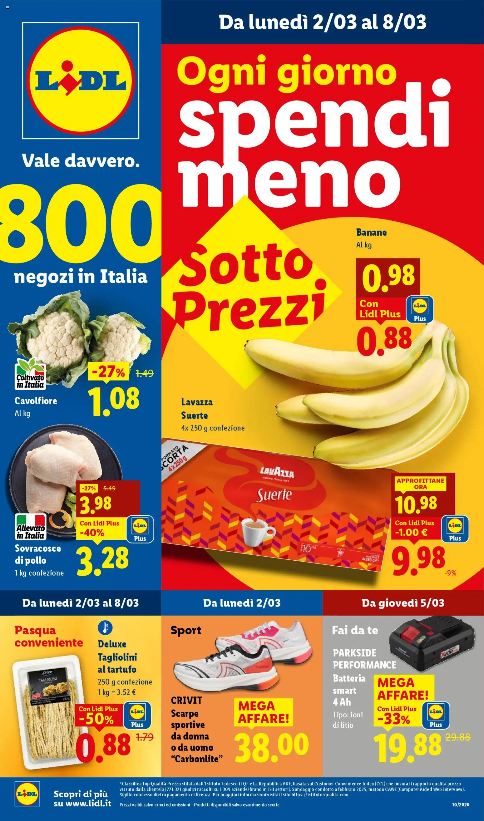 Volantino Lidl del 02.03.2026 | Pagina: 1 | Prodotti: Tè, Lavazza, Scarpe sportive, Batteria