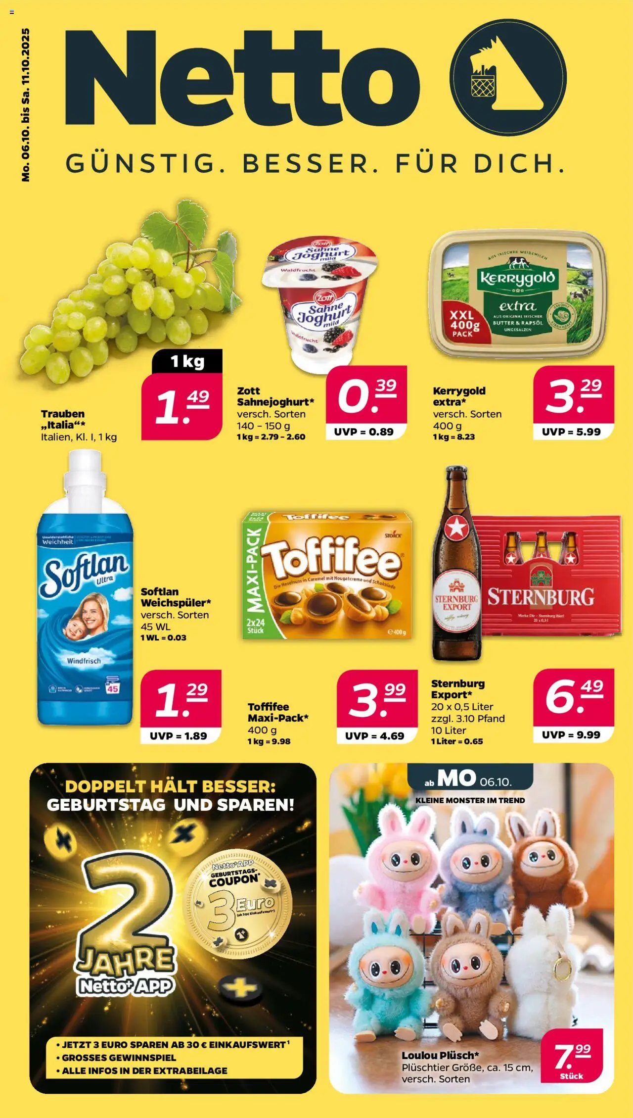 Netto Prospekt 	 – gültig ab 06.10.2025 | Seite: 1 | Produkte: Butter, Joghurt, Trauben, Monster