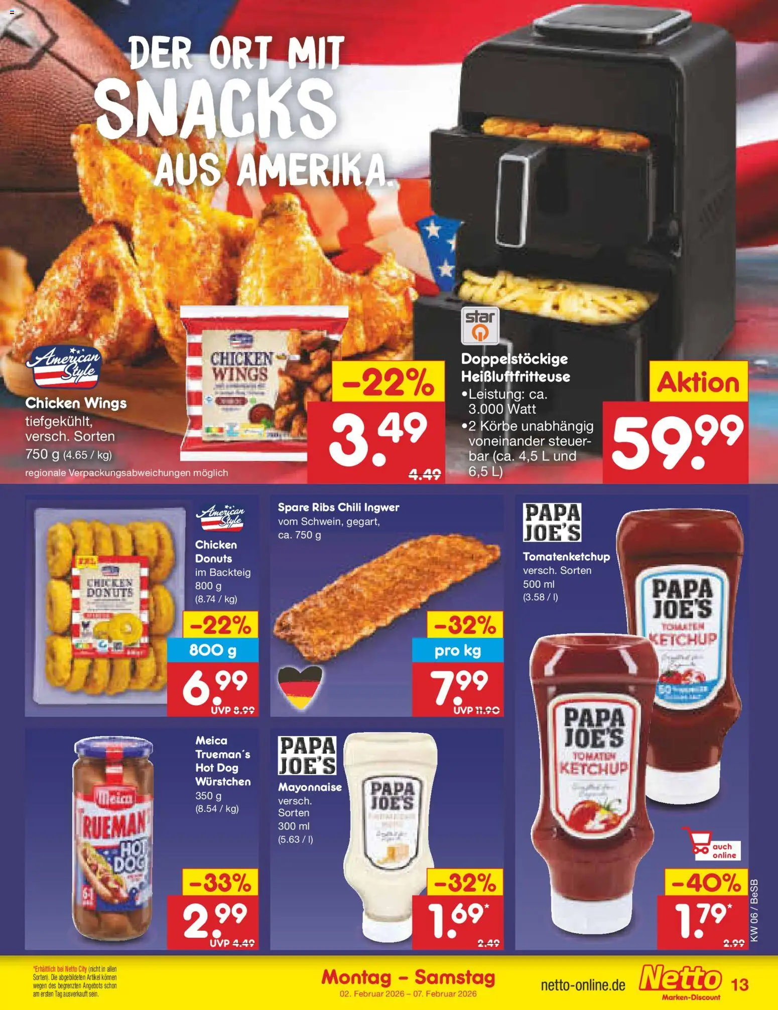 Netto Marken-Discount Prospekt 	 – gültig ab 02.02.2026 | Seite: 13 | Produkte: Spare ribs, Donuts, Mayonnaise, Heißluftfritteuse