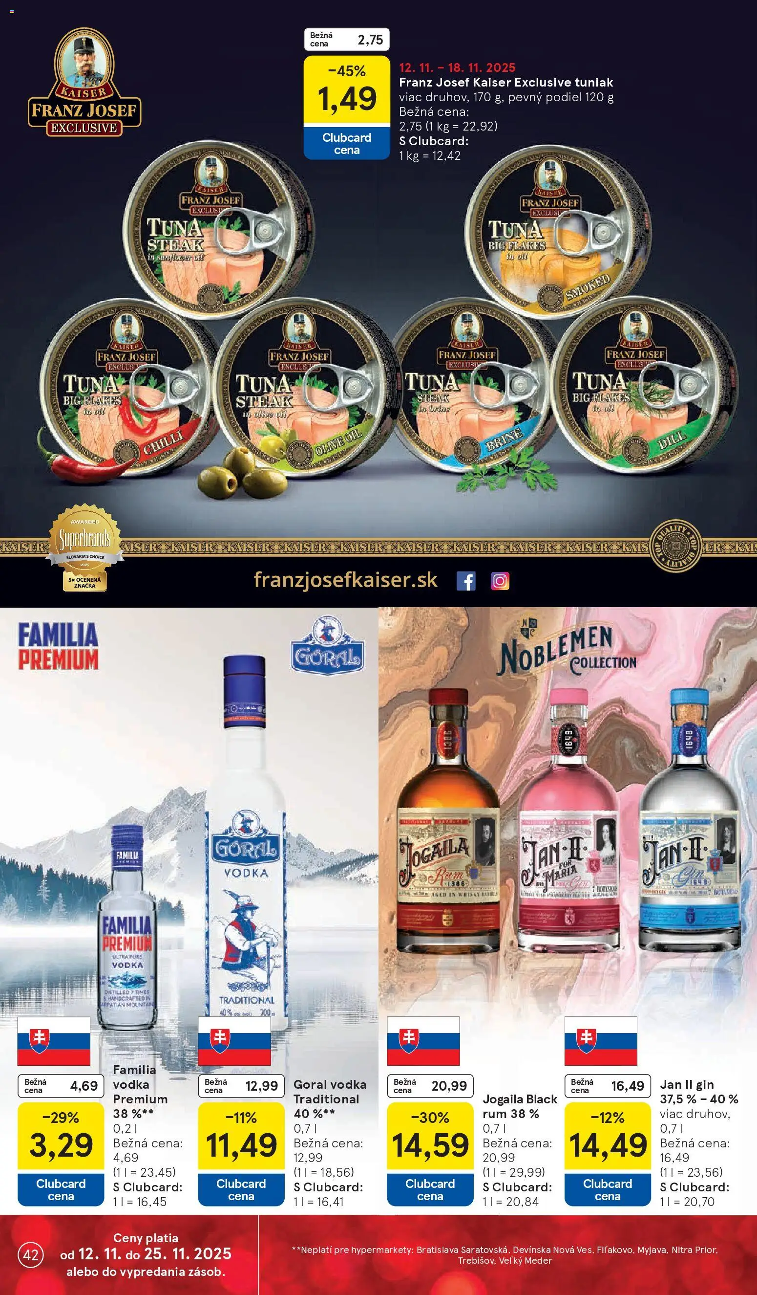 Nové Tesco akcie – leták je platný od 12.11.2025 | Strana: 42 | Produkty: Tuniak, Chilli, Gin, Steak