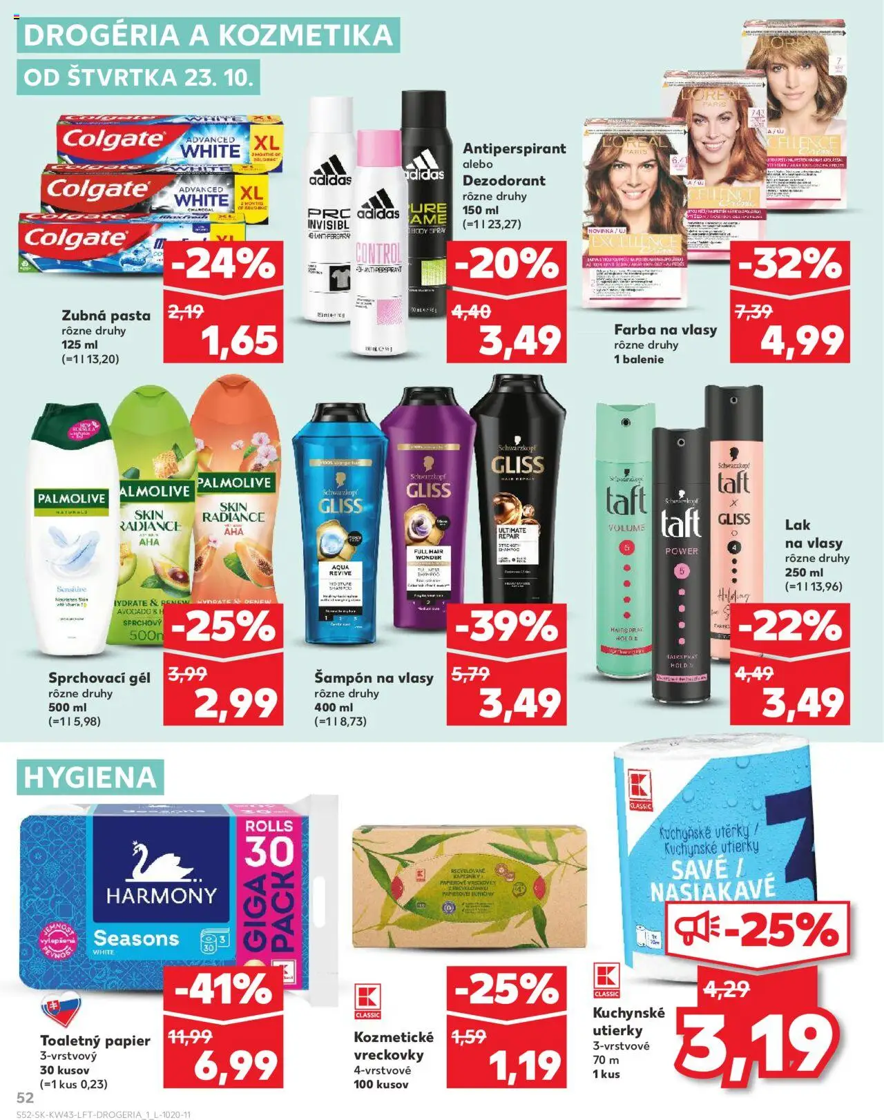 Nové Kaufland akcie – leták je platný od 23.10.2025 | Strana: 52 | Produkty: Šampón, Toaletný papier, Antiperspirant, Zubná pasta