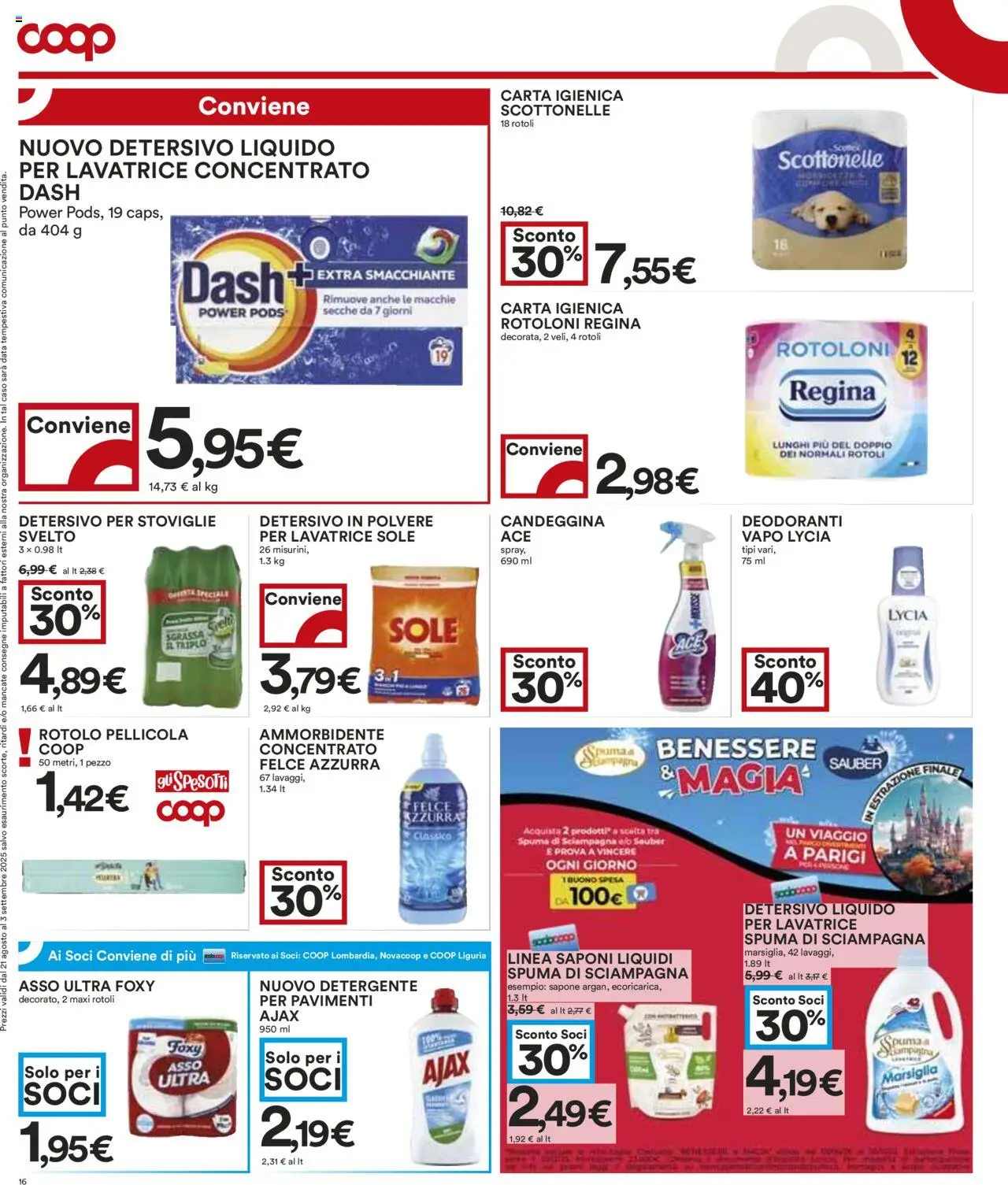 Volantino COOP del 21.08.2025 | Pagina: 16 | Prodotti: Detersivo in polvere, Detergente, Candeggina, Pellicola