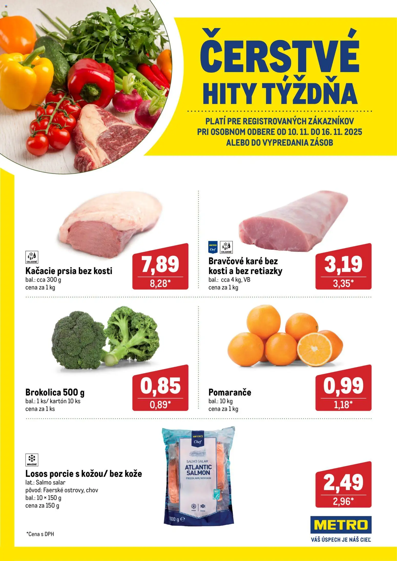 Nové Metro akcie – leták je platný od 10.11.2025 | Strana: 1 | Produkty: Pomaranče, Kačacie prsia, Losos, Bravčové karé