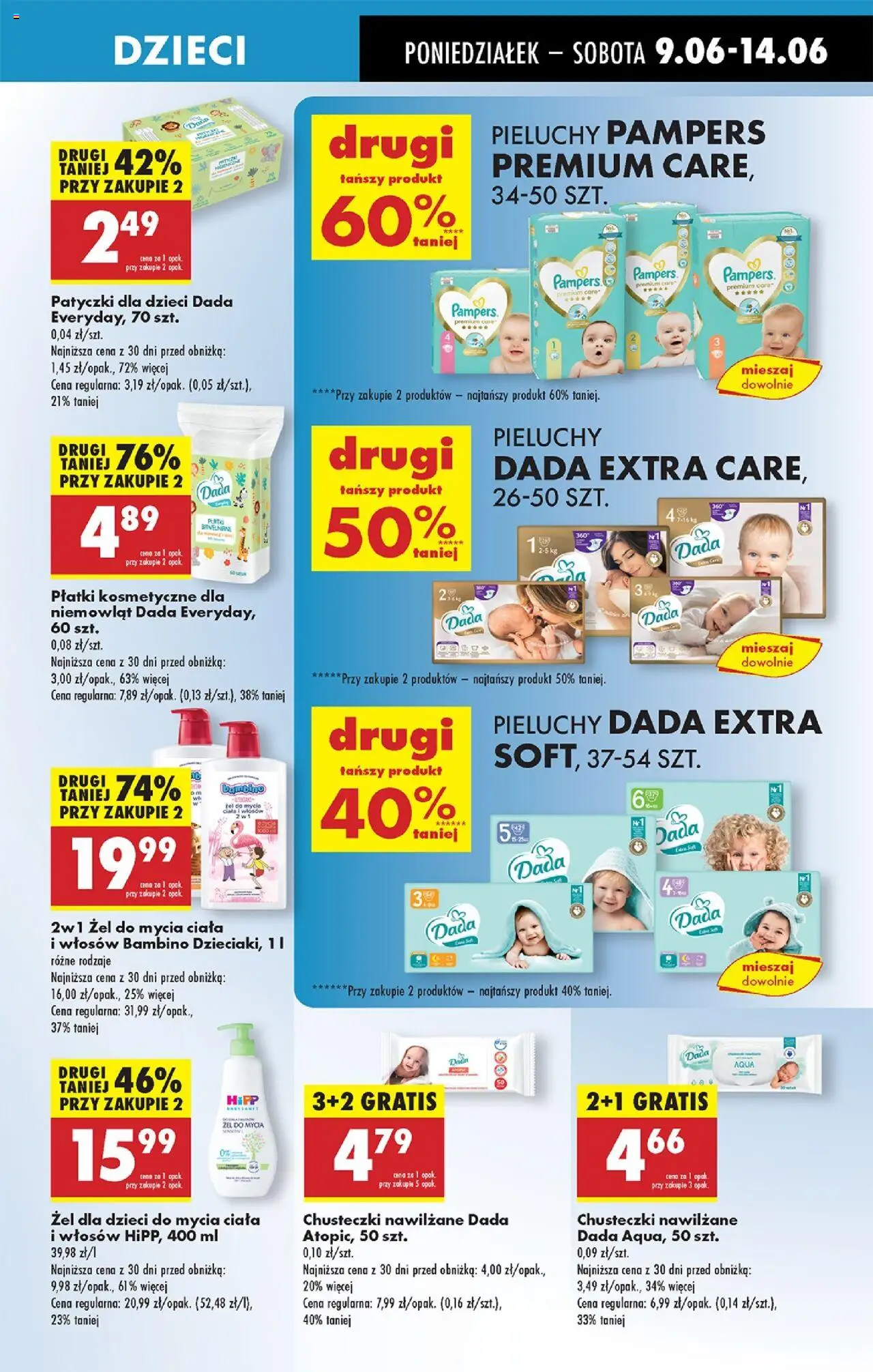 Biedronka gazetka od 09.06.2025 | Strona: 55 | Produkty: Pieluchy Dada, Pampers, Płatki kosmetyczne dla niemowląt Dada, Płatki