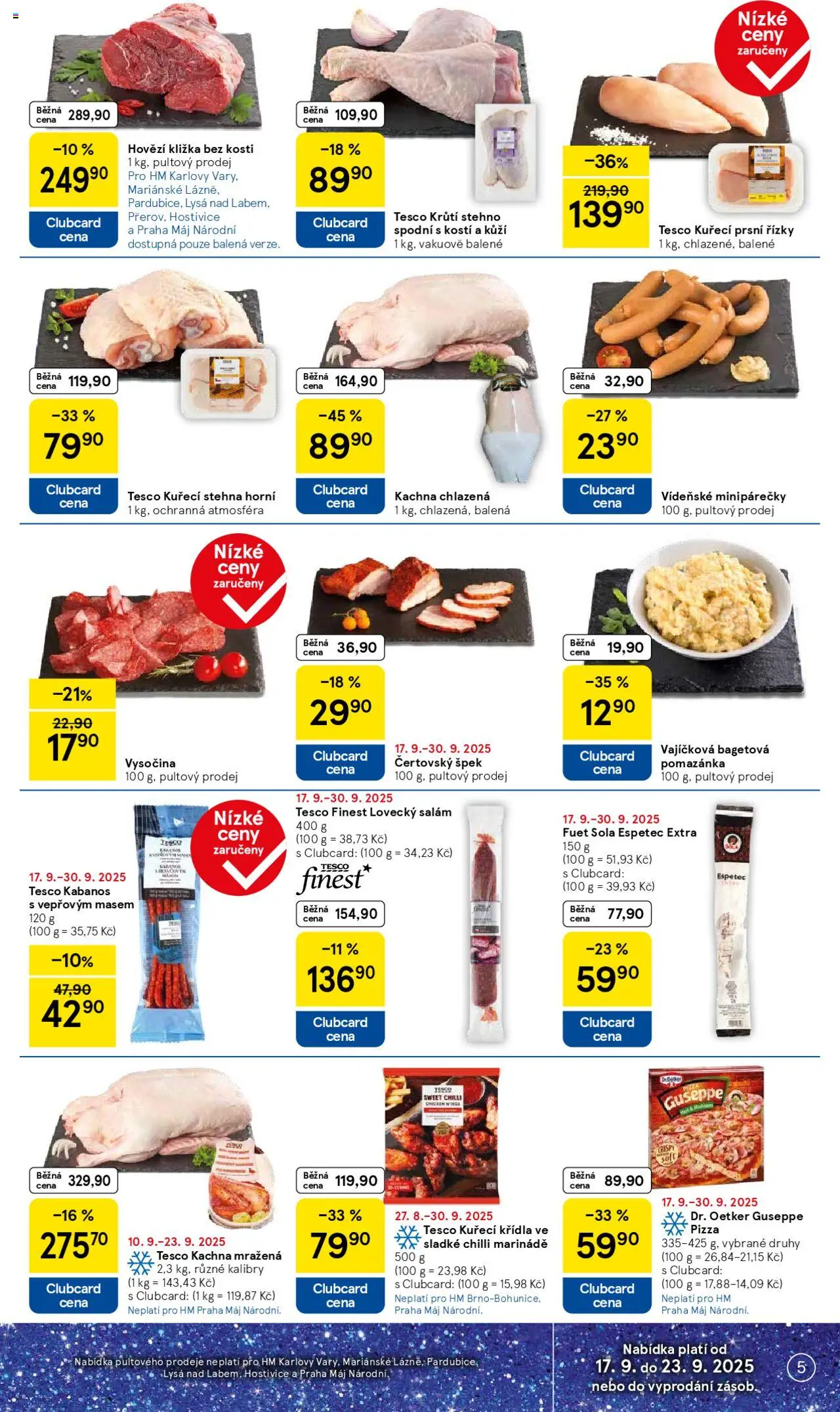 Tesco leták - Hypermarket od 17.09.2025 | Strana: 5 | Produkty: Salám, Kuřecí prsní řízky, Kuřecí Křídla, Pomazánka