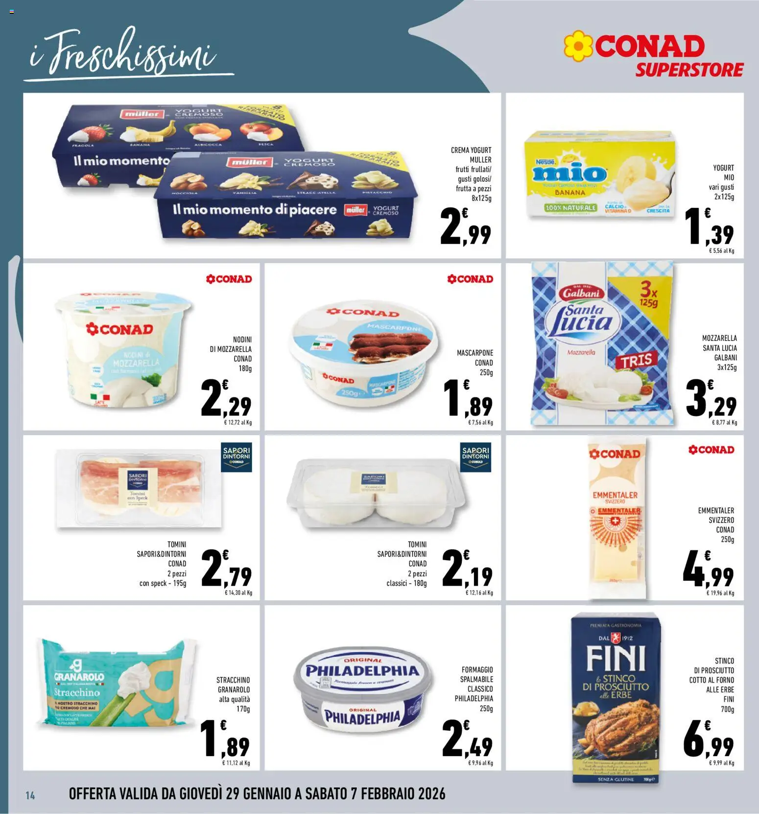 Volantino Conad del 29.01.2026 | Pagina: 14 | Prodotti: Mozzarella, Formaggio, Prosciutto, Mascarpone