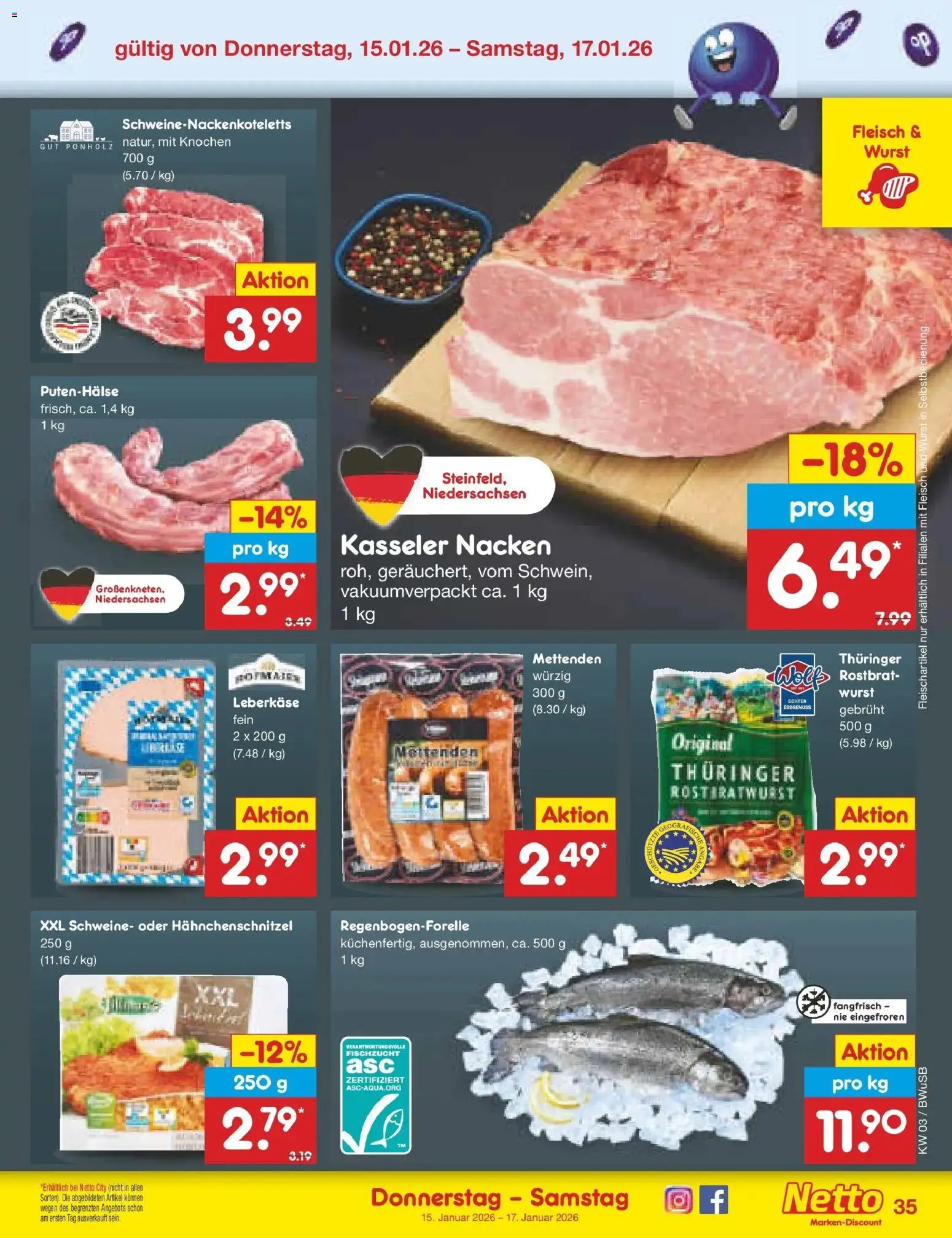 Netto Marken-Discount prospekt Stemwede-Dielingen	 – gültig ab 12.01.2026 | Seite: 45 | Produkte: Kasseler nacken, Wurst, Fleisch, Leberkase