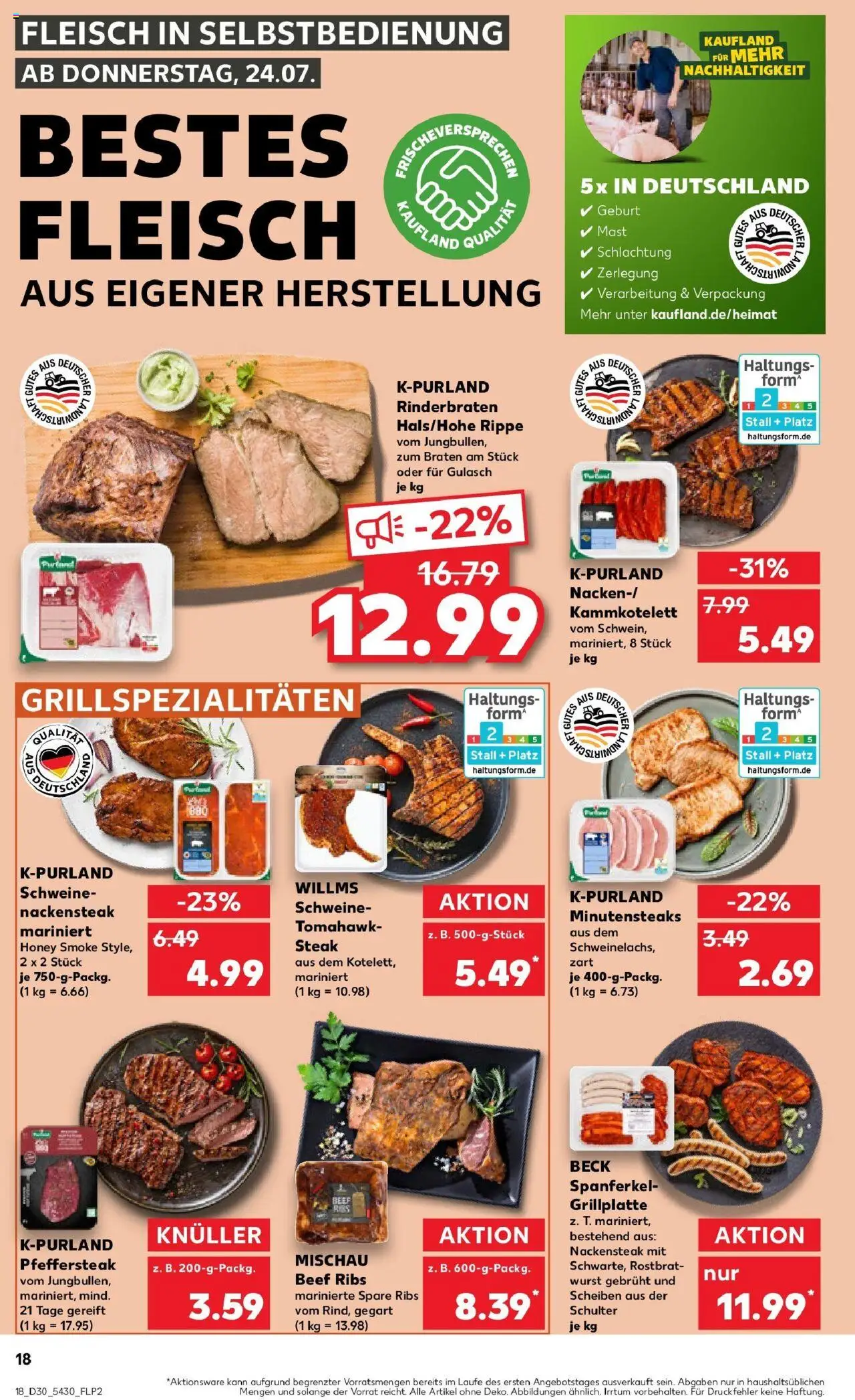 Kaufland prospekt Schwaigern	 - gültig ab dem 24.07.2025 | Seite: 18 | Produkte: Rinderbraten, Spare ribs, Steak, Fleisch