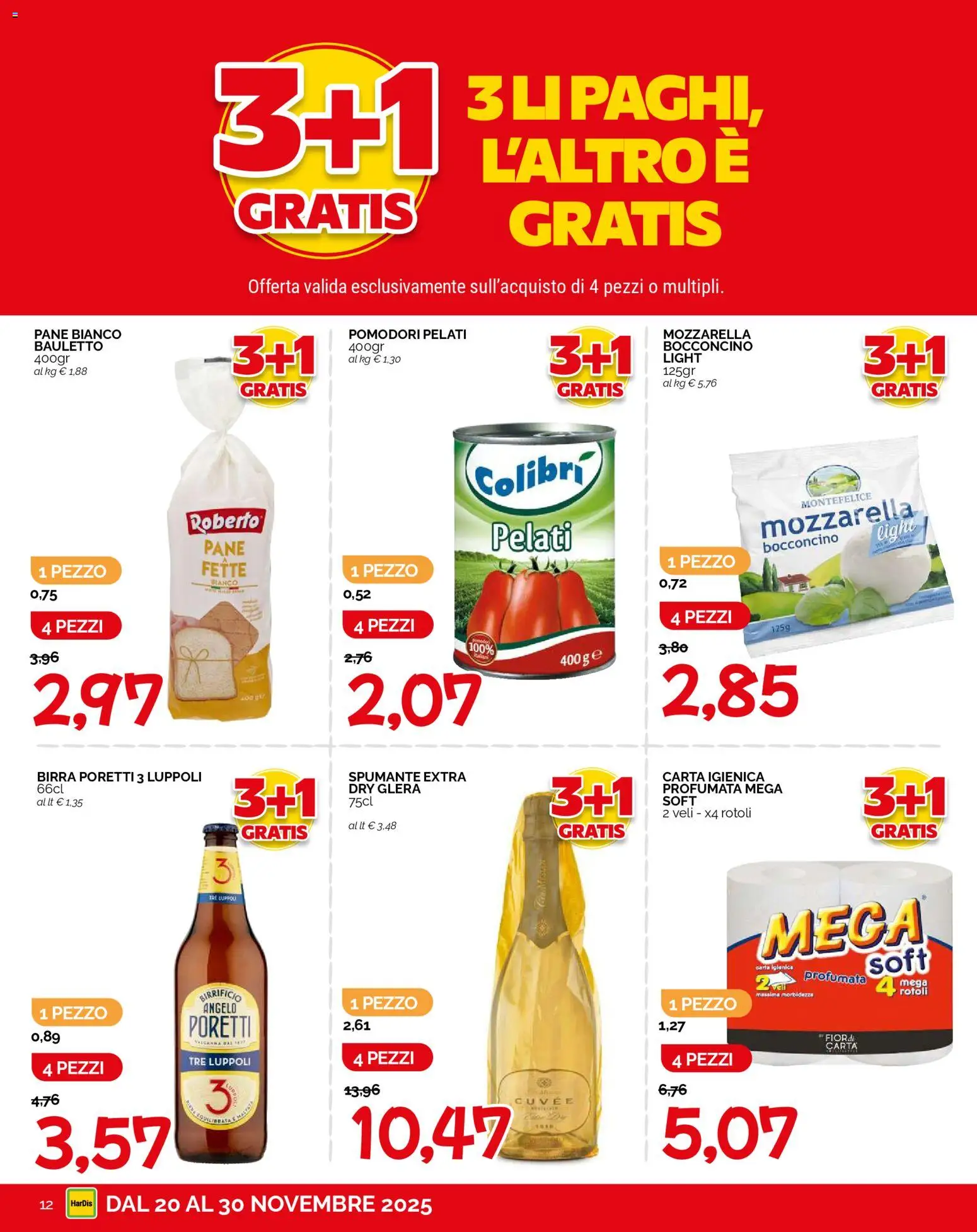 Volantino HarDis del 20.11.2025 | Pagina: 12 | Prodotti: Carta igienica, Pane, Mozzarella, Spumante