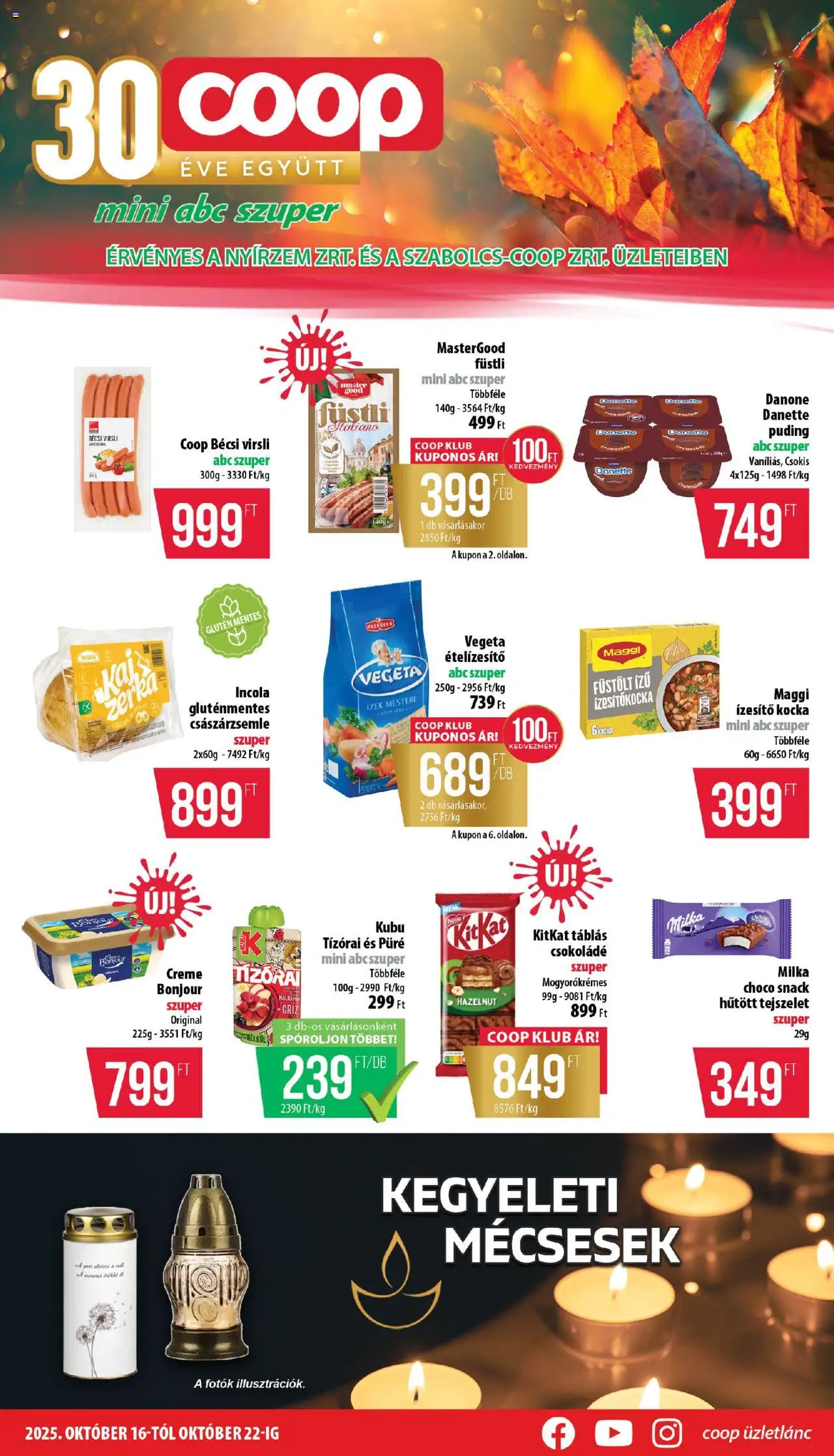 COOP akciós ujság - amely érvényes a következő dátumtól: 16.10.2025 | Oldal: 1 | Termékek: Virsli, Puding, Császárzsemle, Gluténmentes