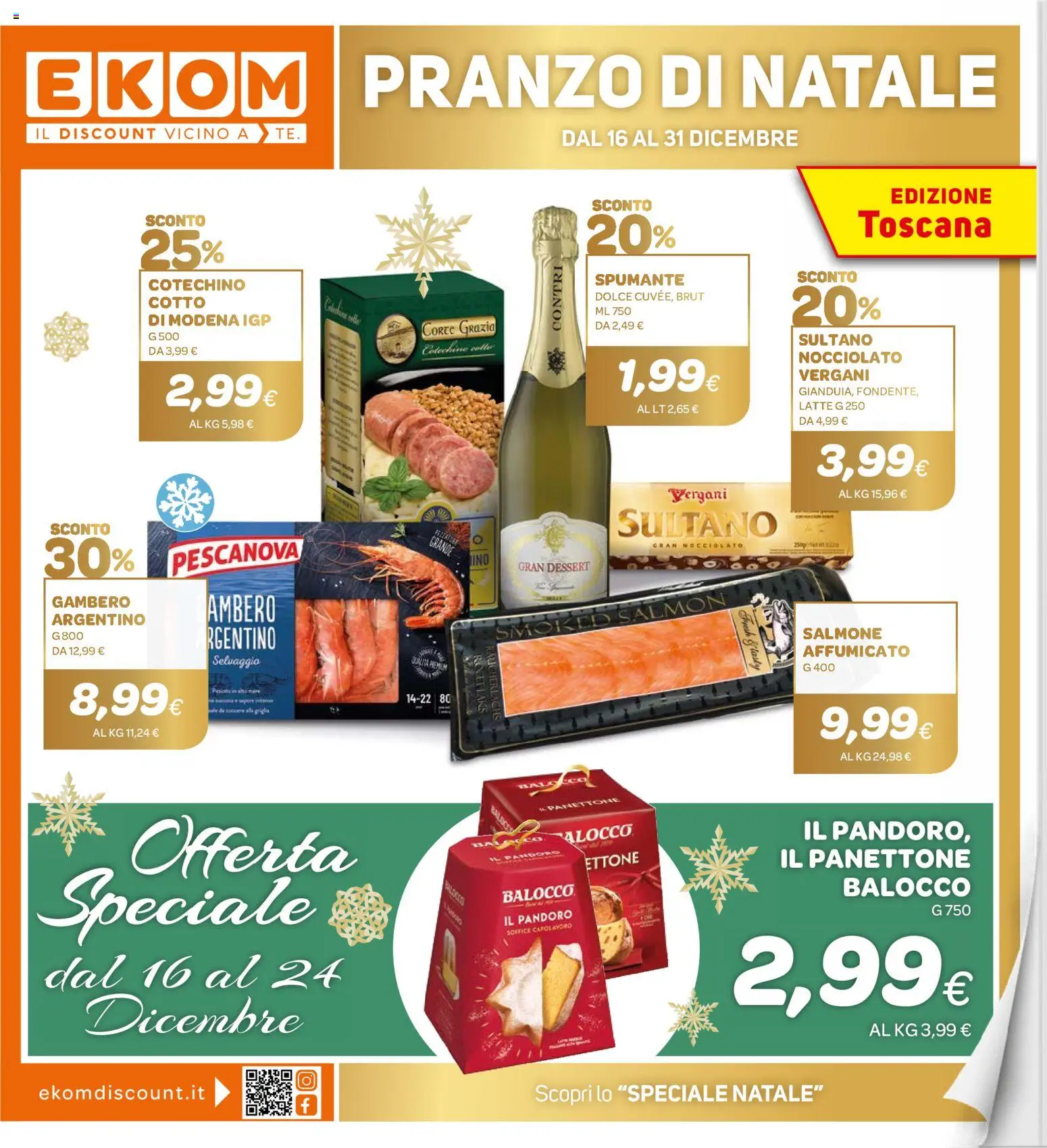 Volantino Ekom del 16.12.2025 | Pagina: 1 | Prodotti: Salmone, Panettone, Spumante, Cotechino