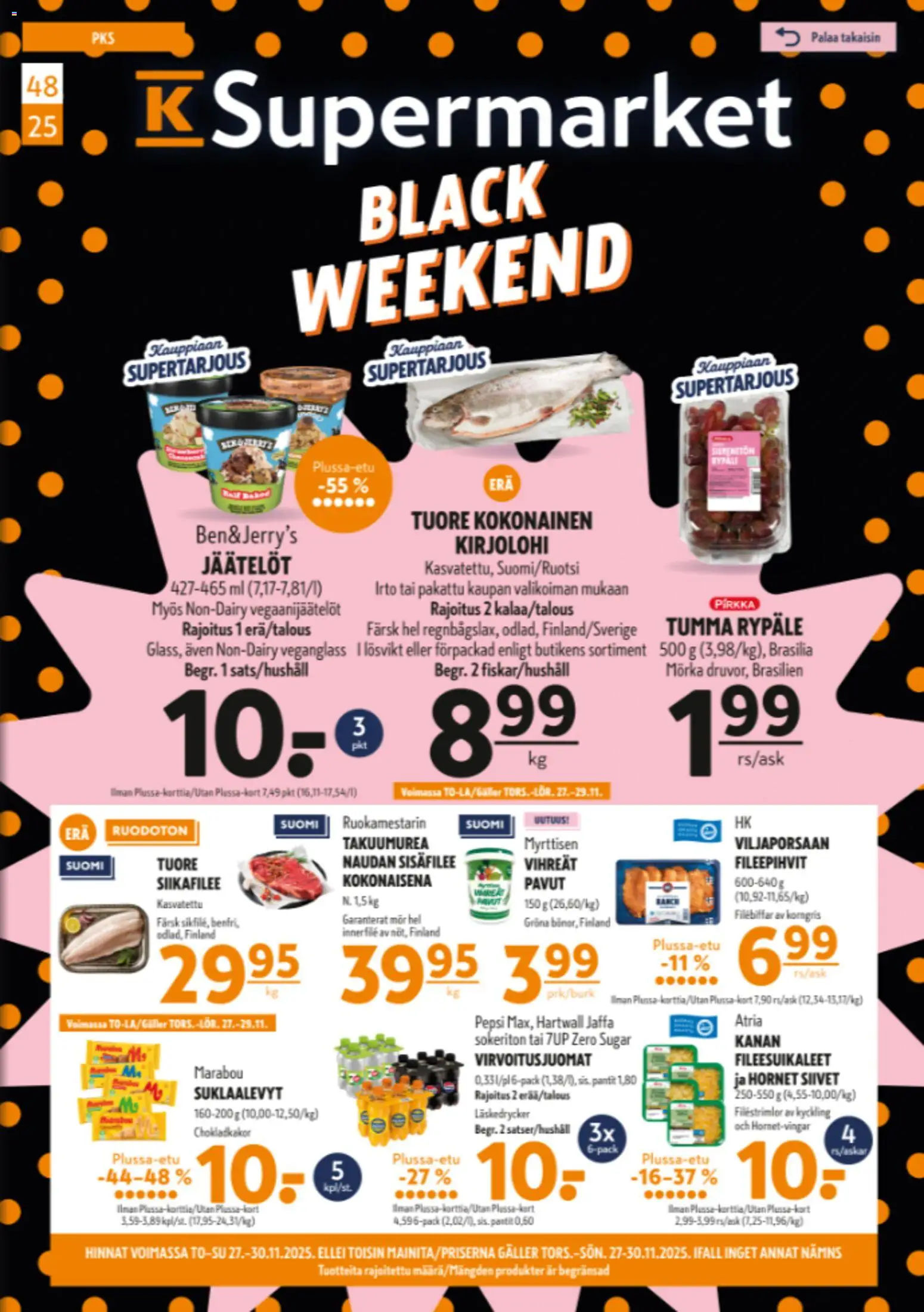 K-Supermarket - Black Friday – voimassa 27.11.2025 alkaen | Sivu: 1 | Tuotteet: Kirjolohi, Virvoitusjuomat, Pavut, Suklaalevyt