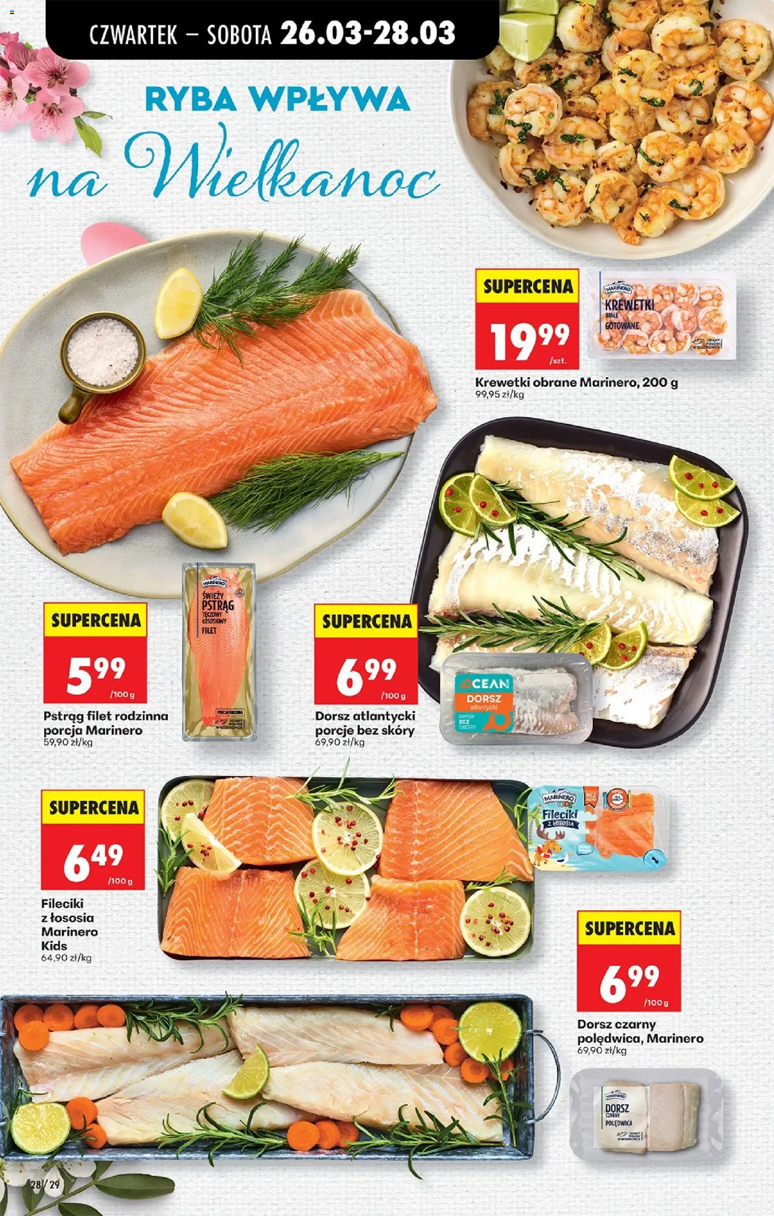 Biedronka gazetka od czwartku od 26.03.2026 | Strona: 34 | Produkty: Pstrąg tęczowy, Dorsz, Krewetki białe, Dorsz czarny