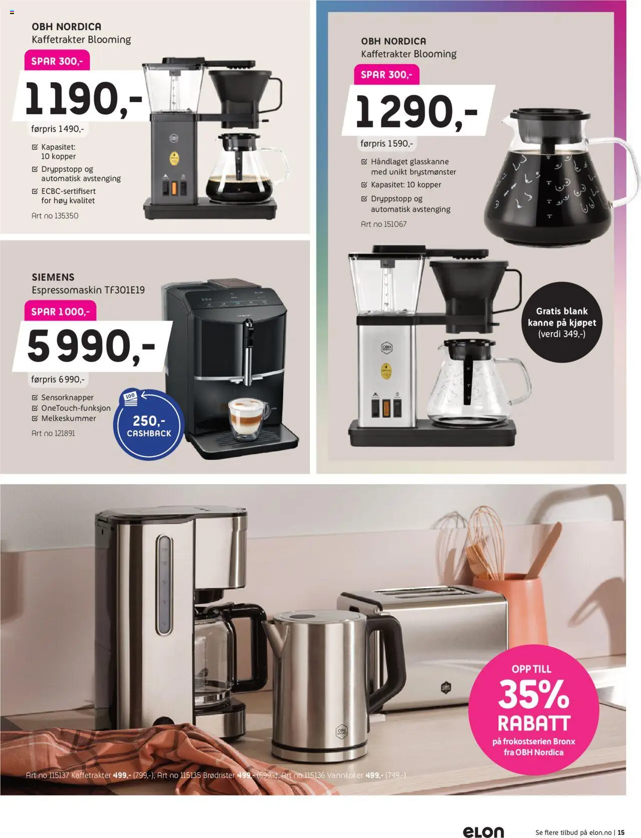 {H1} | Side: 15 | Produkter: Kaffetrakter, Espressomaskin, Суміш дитяча, Brødrister
