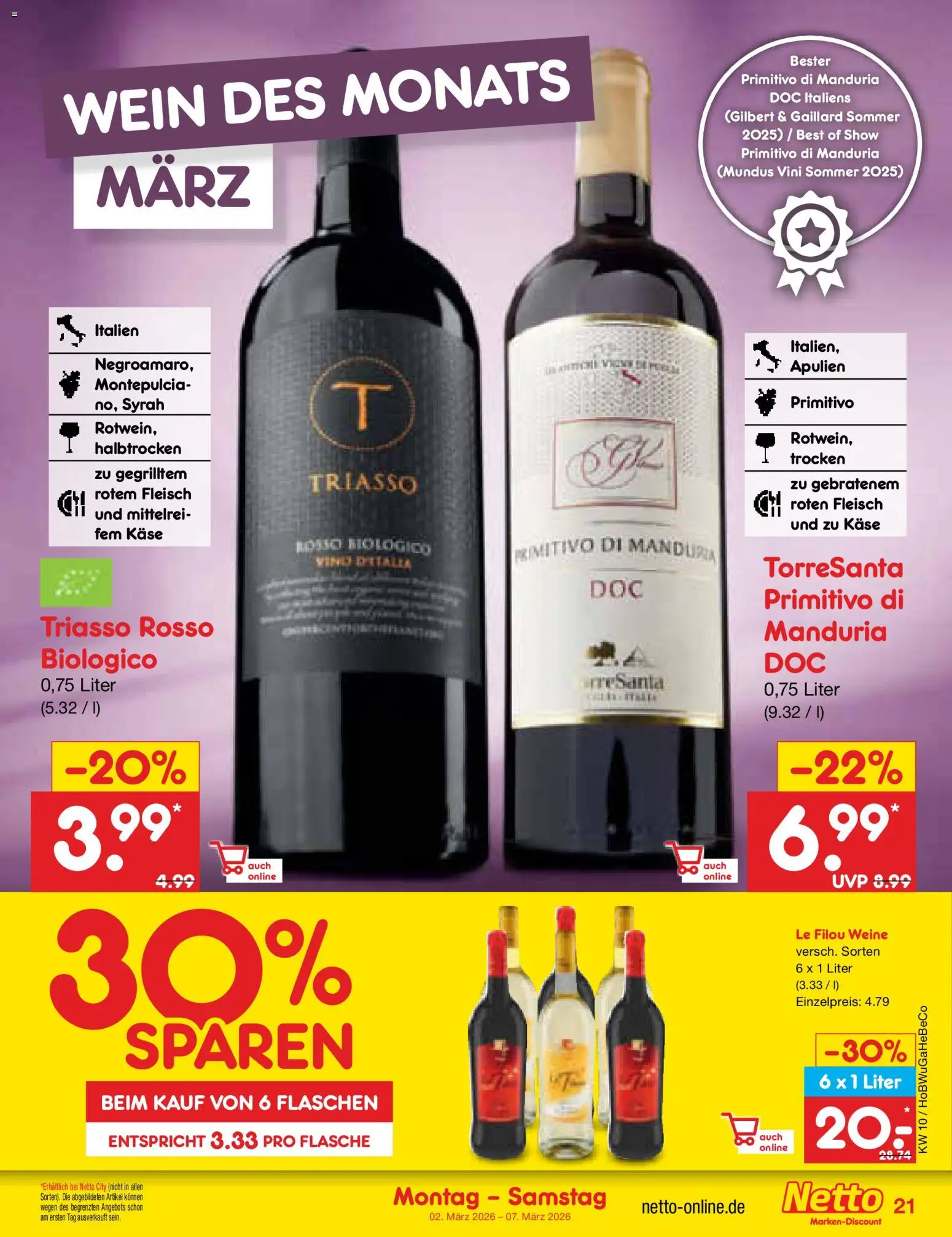 Netto Marken-Discount Prospekt 	 – gültig ab 02.03.2026 | Seite: 21 | Produkte: Le filou, Käse, Wein, Fleisch