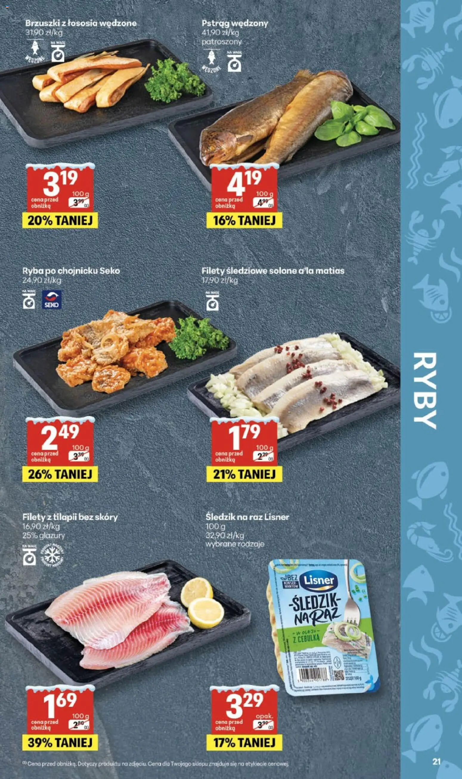 Delikatesy Centrum Gazetka od 22.01.2026 | Strona: 21 | Produkty: Pstrąg, Pstrąg wędzony, Brzuszki z łososia, Ryba