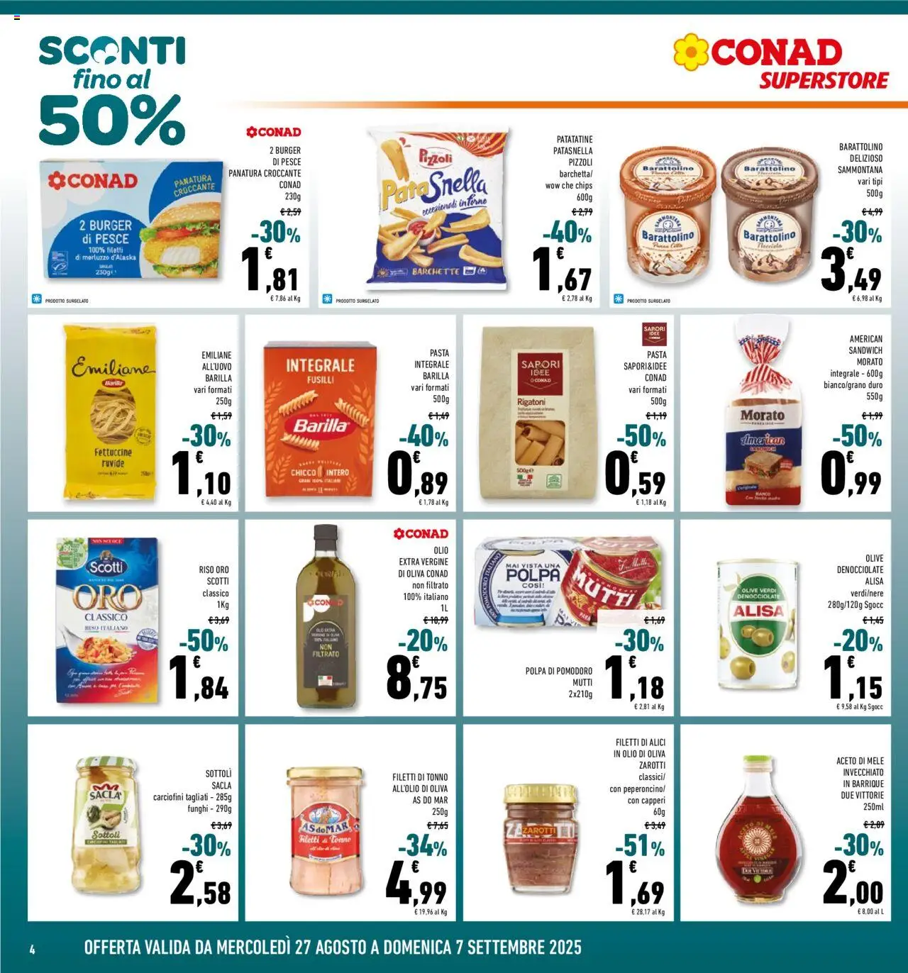 Volantino Conad del 27.08.2025 | Pagina: 4 | Prodotti: Patatine, Tonno, Aceto, Olio extra vergine