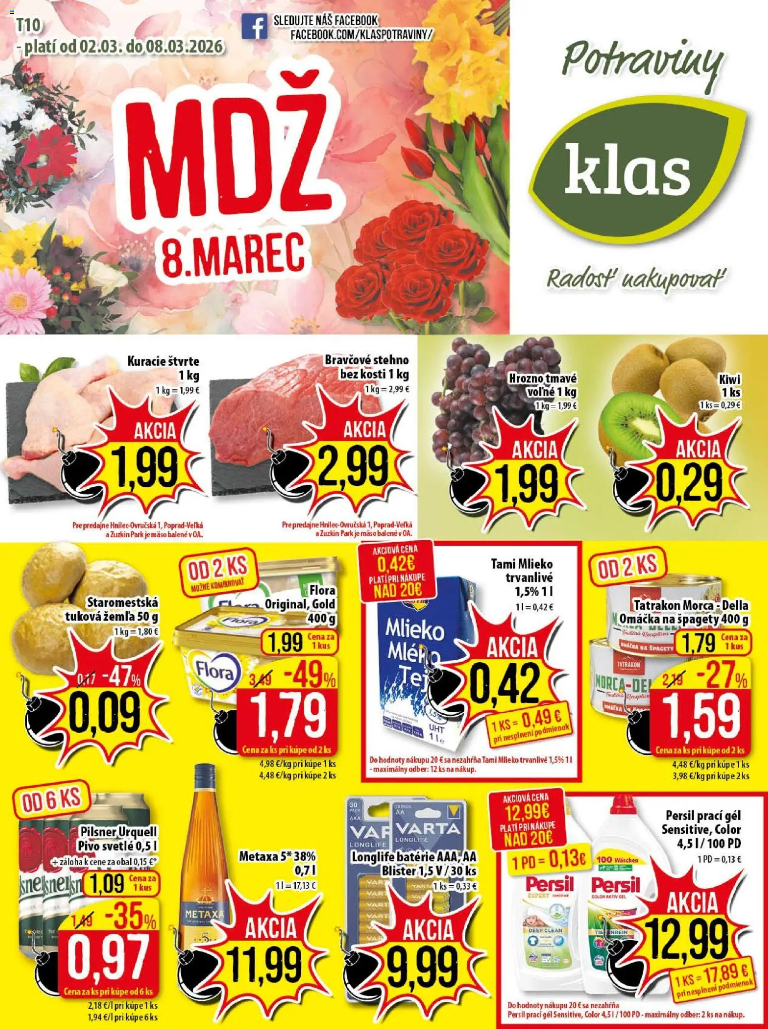 Nové Klas akcie – leták je platný od 02.03.2026 | Strana: 1 | Produkty: Kiwi, Flora, Hrozno, Špagety