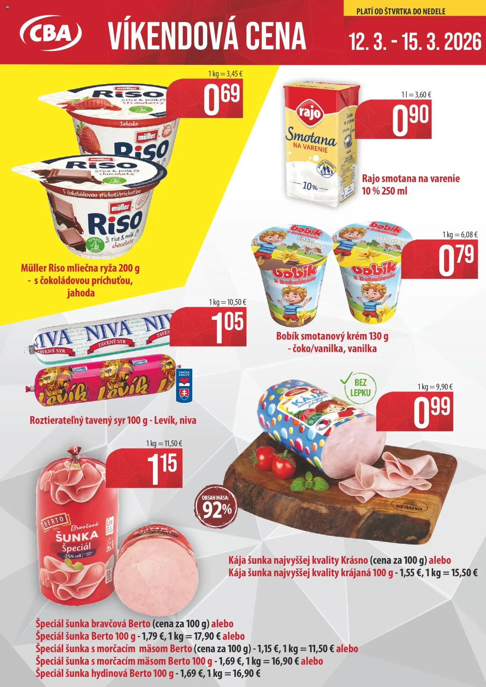 Nové CBA Verex akcie – leták je platný od 12.03.2026 | Strana: 1 | Produkty: Syr, Šunka, Ryža, Krém
