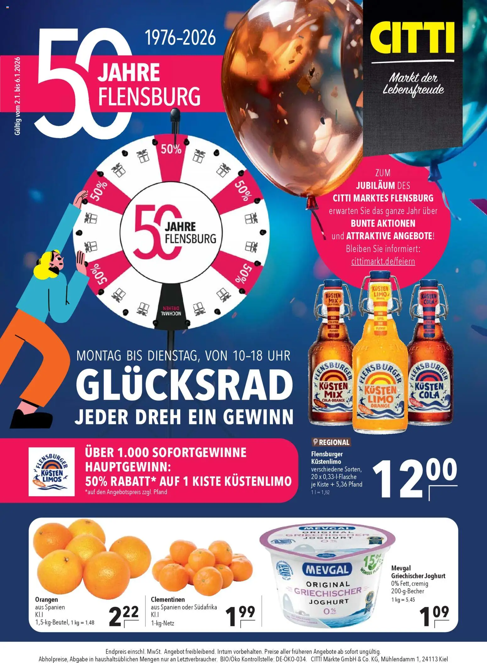 CITTI Markt 50 Jahre Flensburg – gültig ab 02.01.2026 | Seite: 1 | Produkte: Cola, Orangen, Flensburger, Uhr