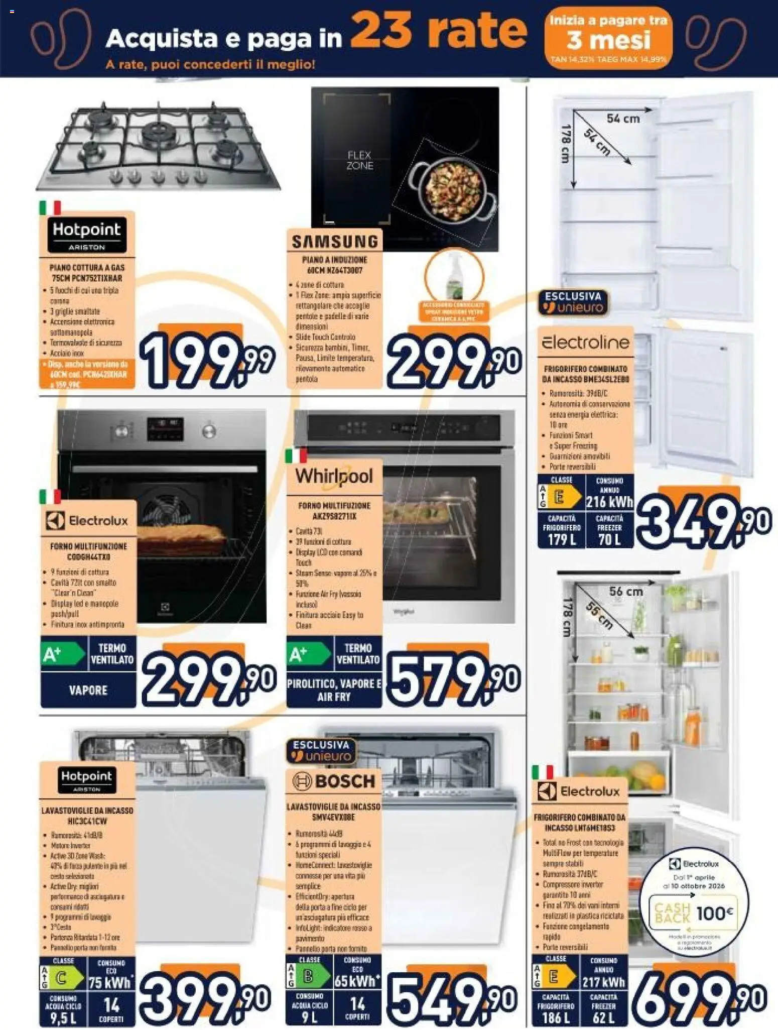 Volantino Unieuro del 17.04.2026 | Pagina: 23 | Prodotti: Freezer, Piano cottura, Frigorifero, Forno