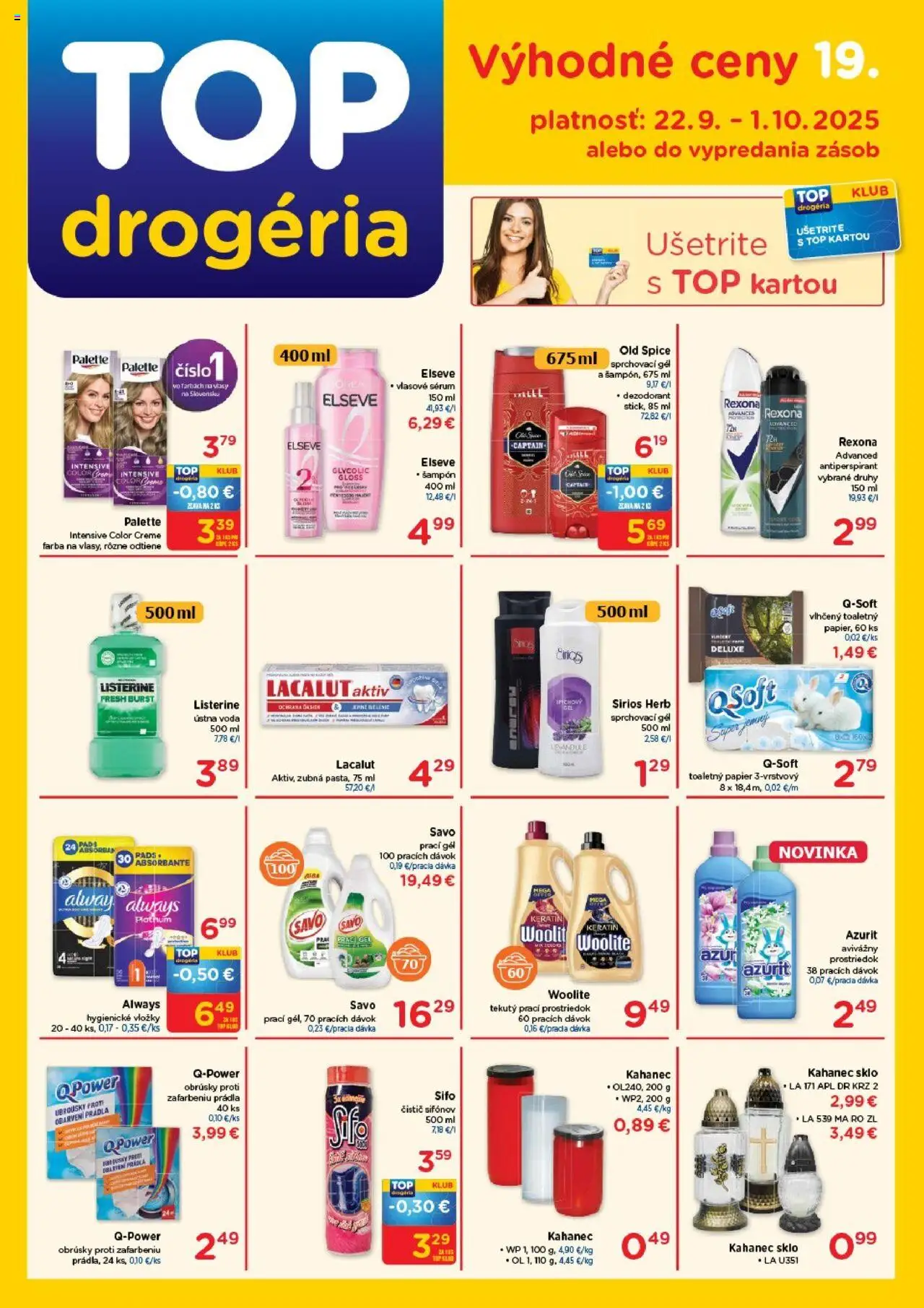 Nové TOP Drogéria akcie – leták je platný od 22.09.2025 | Strana: 1 | Produkty: Dezodorant, Antiperspirant, Ústna voda, Voda