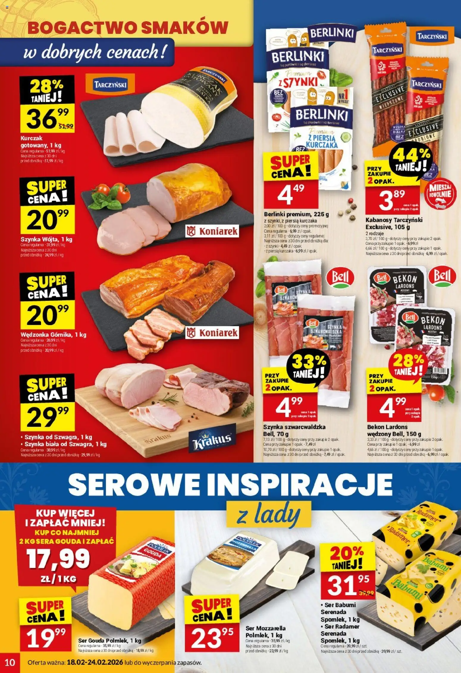Twój Market Gazetka od 18.02.2026 | Strona: 10 | Produkty: Kurczak, Bekon, Kabanosy, Szynka szwarcwaldzka