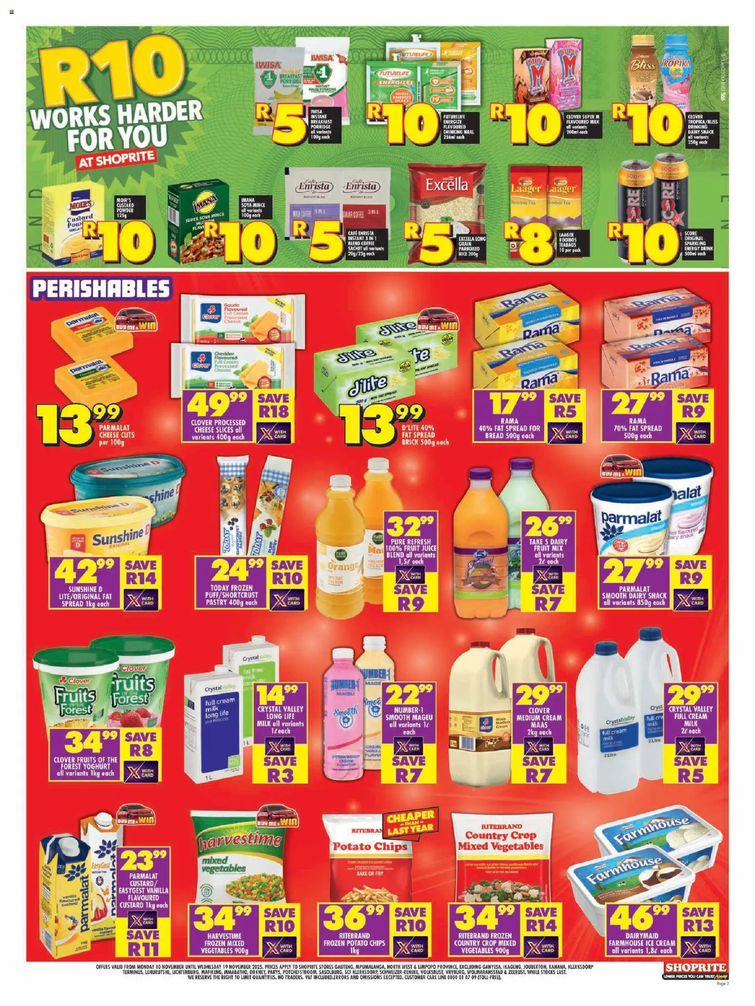 New Shoprite catalogue – valid from 10.11.2025 | Page: 3 | Products: Cheese, Soya mince, Vegetables, Fruit