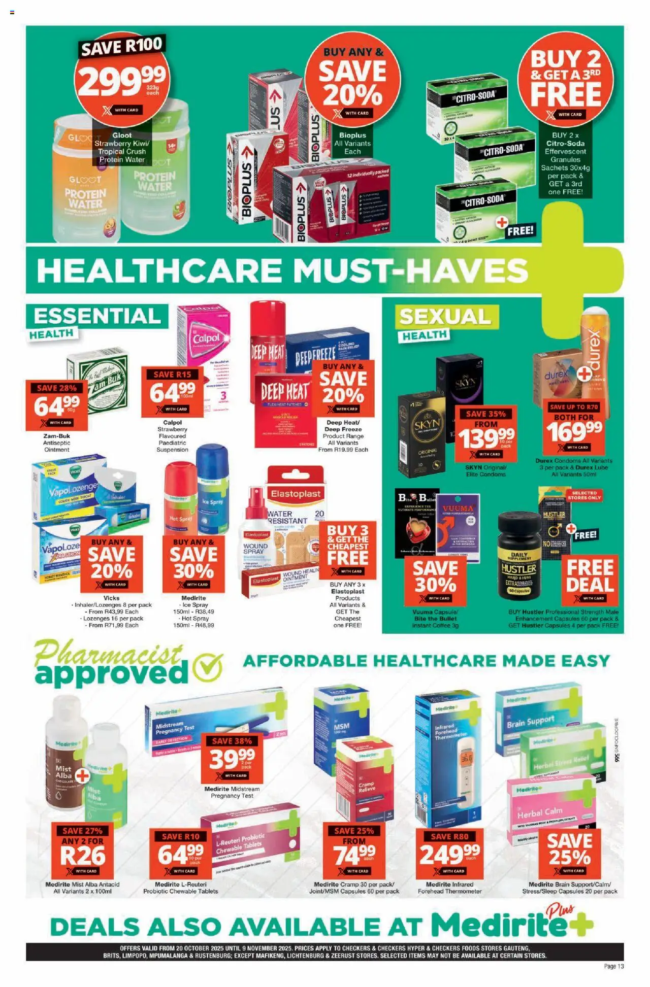 New Checkers catalogue – valid from 20.10.2025 | Page: 13 | Products: Thermometer, Detergente líquido, Lozenges, Plaster