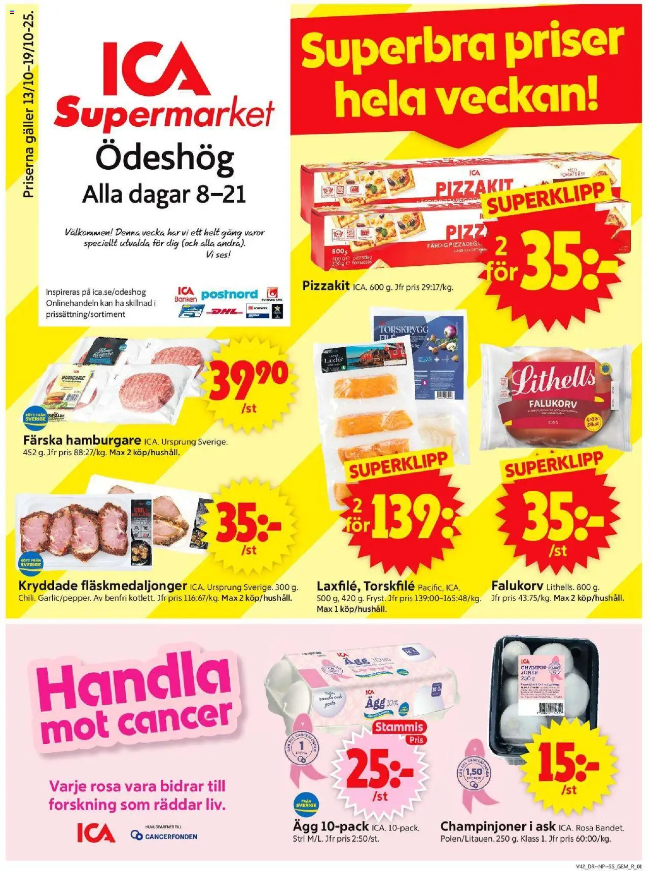 ICA Supermarket reklamblad aktuell från 13.10.2025 | Sida: 1 | Produkter: Hamburgare, Champinjoner, Pizzakit, Spel
