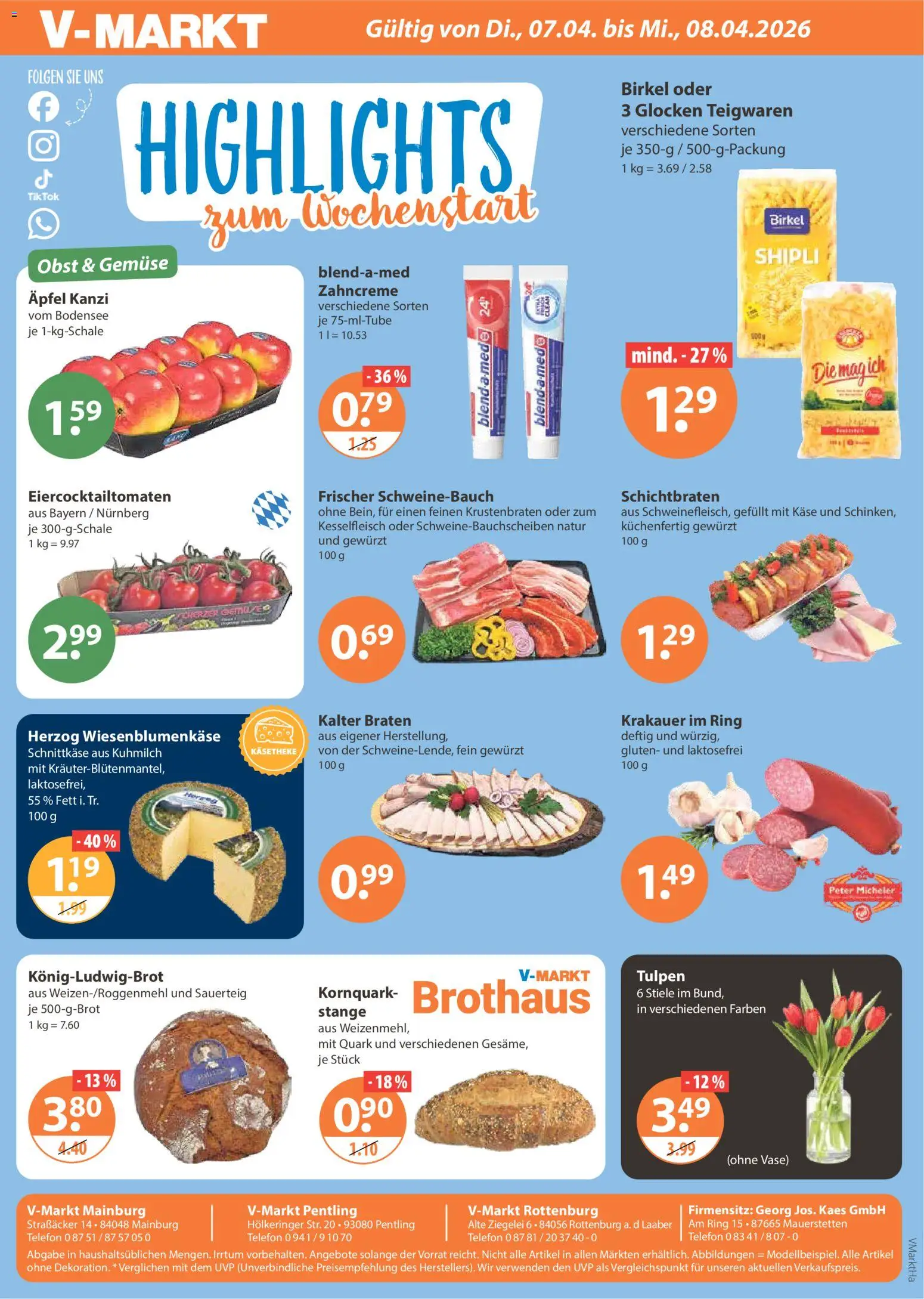 V-Markt Angebote – gültig ab 02.04.2026 | Seite: 24 | Produkte: Quark, Käse, Schweinebauch, Äpfel