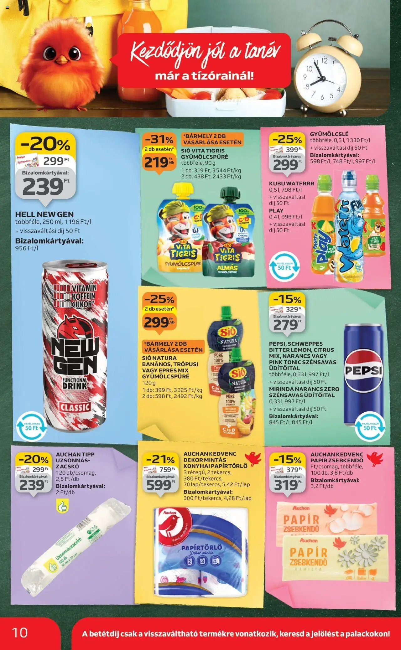Auchan akciós ujság - amely érvényes a következő dátumtól: 04.09.2025 | Oldal: 10 | Termékek: Tonic, Pepsi, Papírtörlő, Narancs