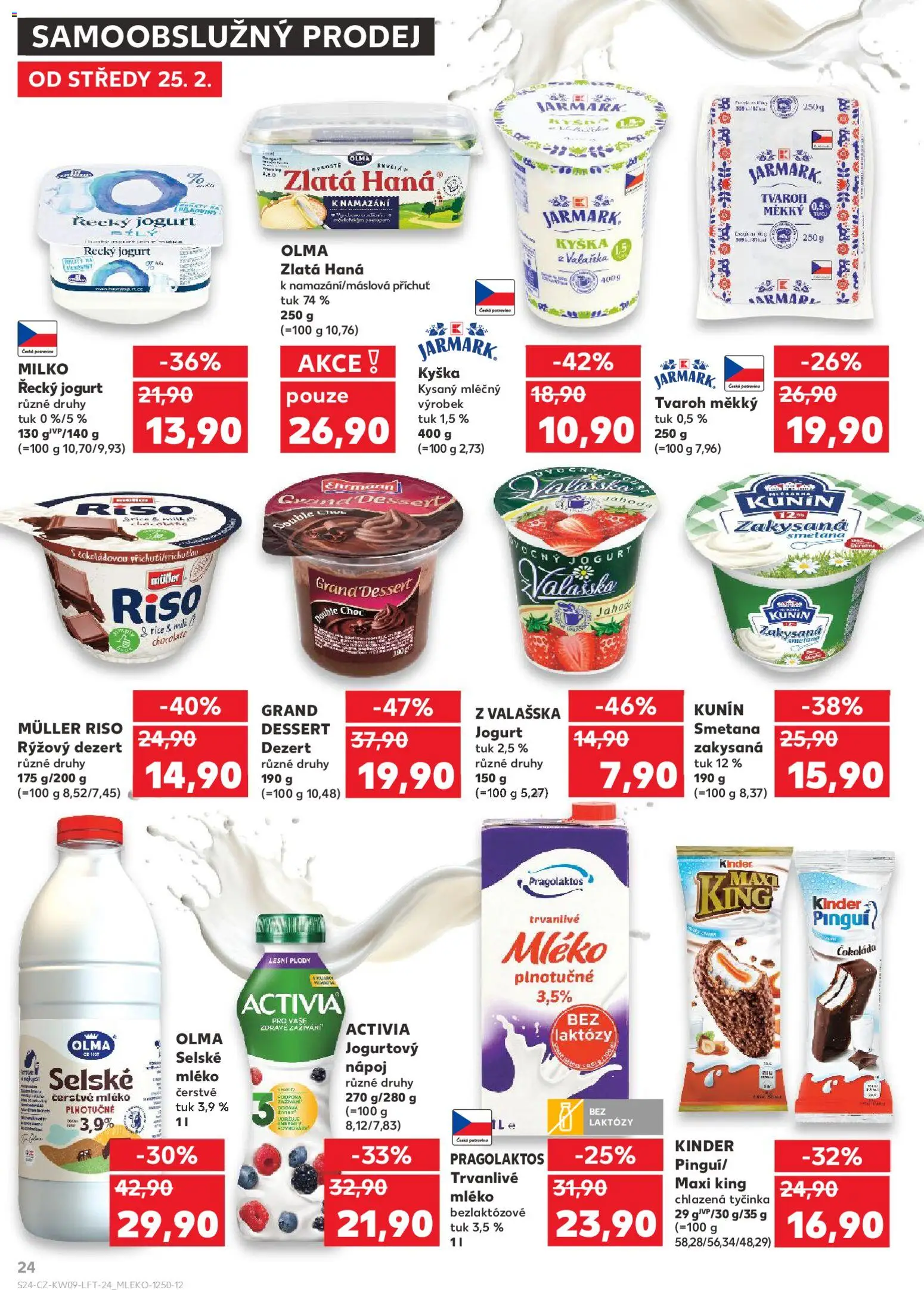 Kaufland leták od 25.02.2026 | Strana: 24 | Produkty: Milko řecký jogurt, Tvaroh, Zlatá Hana, Kinder